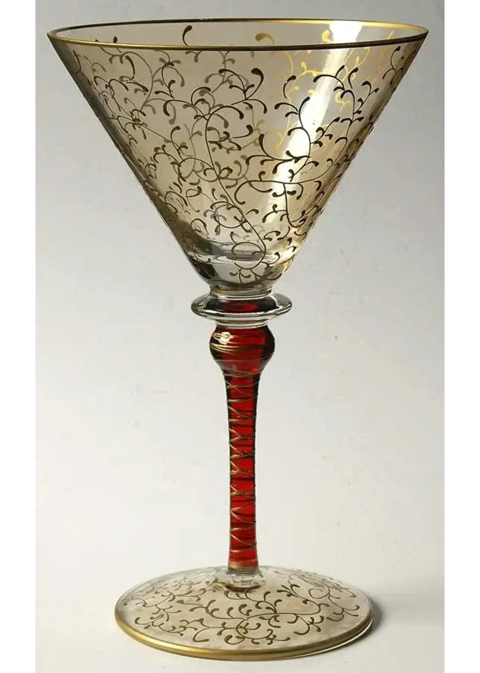 PIER 1 RUBY GOLD SCROLL MARTINI GLASS  7 7/8"