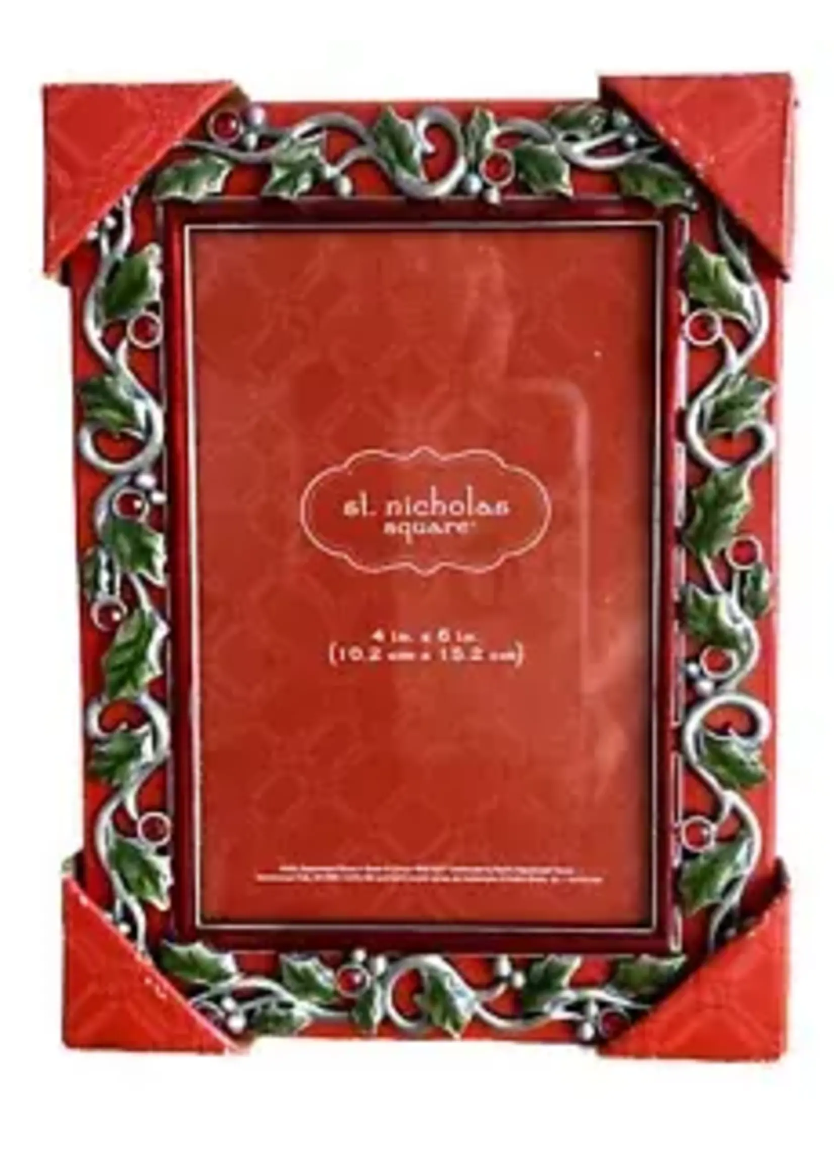 ST. NICHOLAS SQUARE PEWTER HOLLY BERRIES  4 " X 6" PHOTO FRAME 7 3/4"