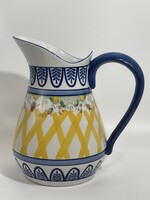 CERAMIC BLUE PITCHER WITH FRUIT AND YELLOW LATTICE 9 1/2"