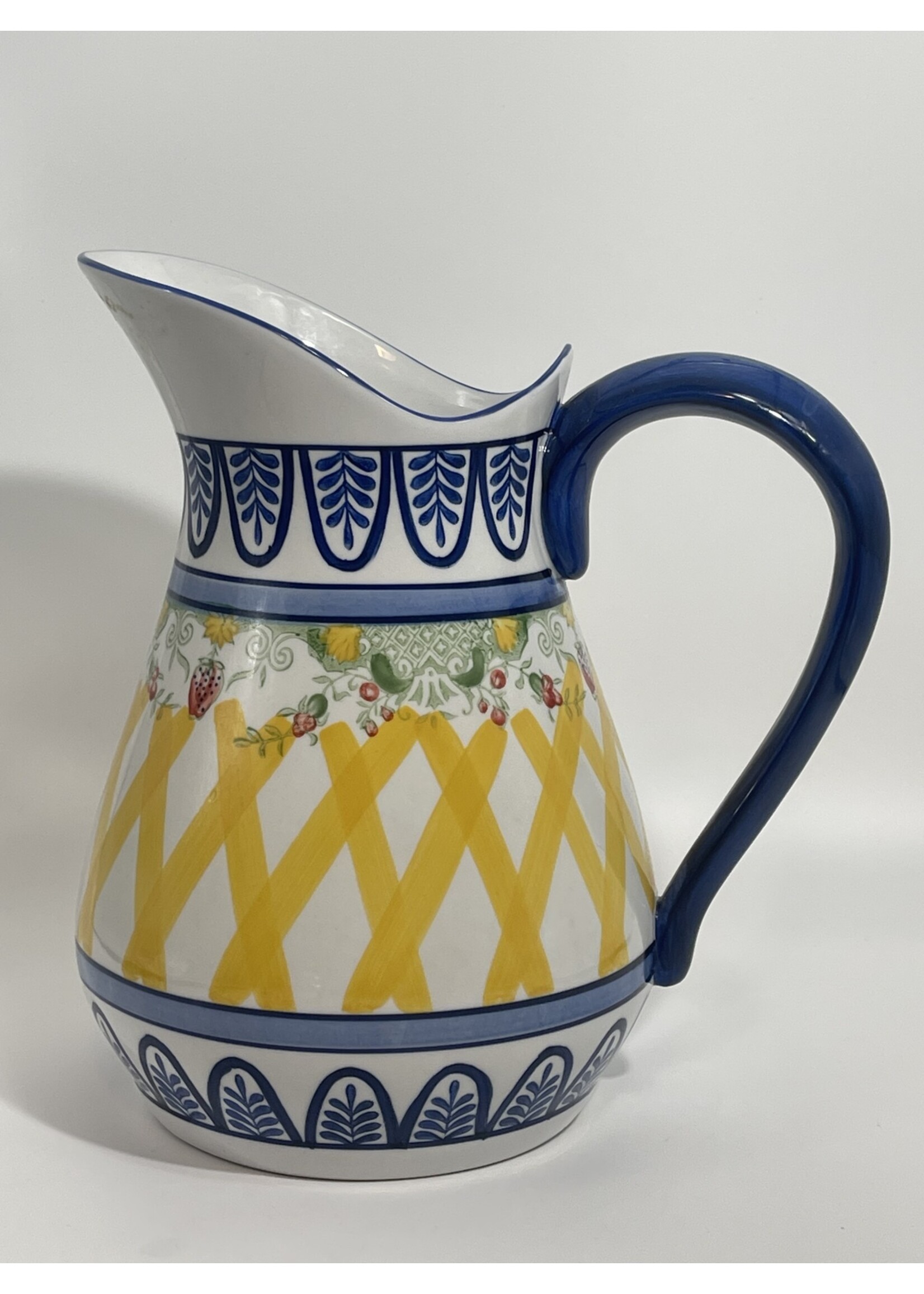 CERAMIC BLUE PITCHER WITH FRUIT AND YELLOW LATTICE 9 1/2"