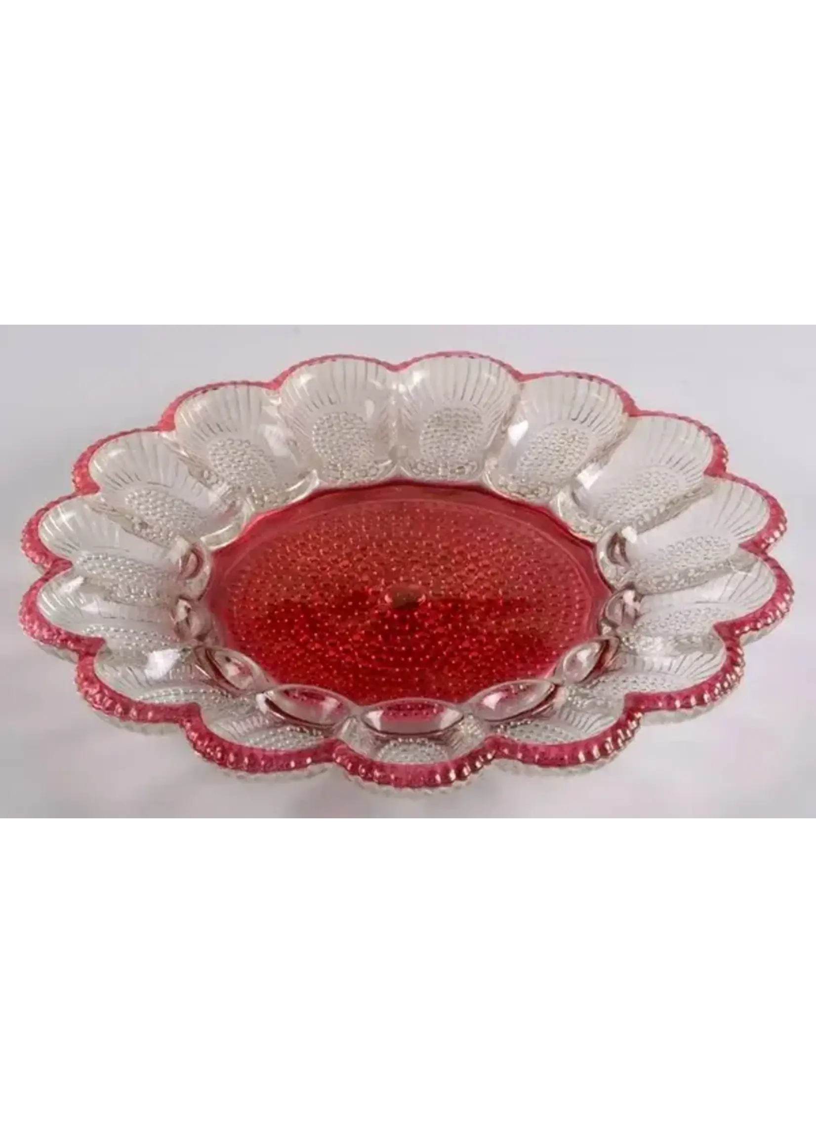 INDIANA GLASS HOBNAIL RED TRIM 11" DEVILED EGG PLATE