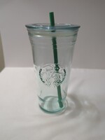 20 OZ RECYCLED GLASS GOLD TUMBLER MADE IN SPAIN W/LID AND ORIGINAL STRAW NEVER USED