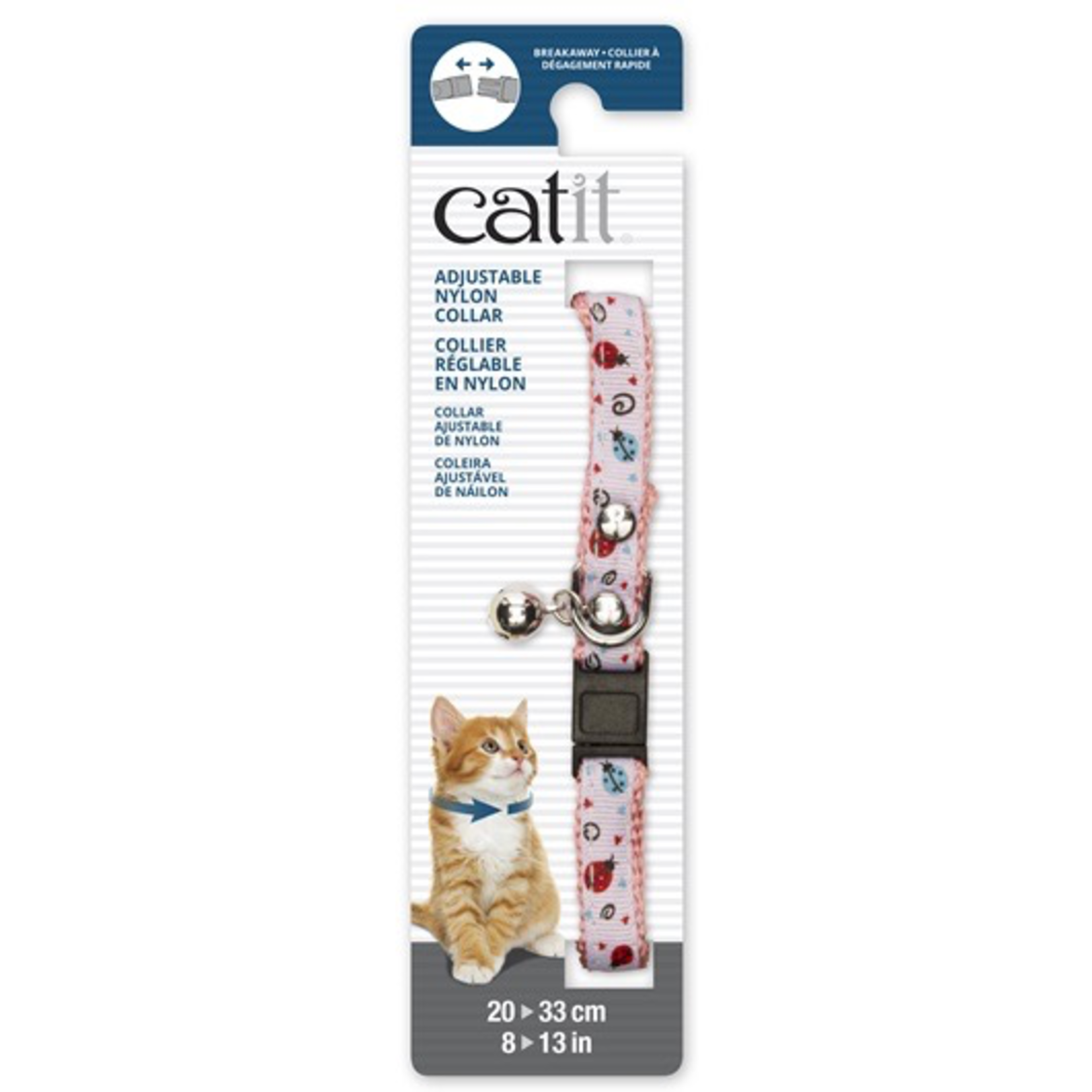 CAT IT Catit Adjustable Breakaway Nylon Collar with Rivets - Pink and White with Ladybugs - 20-33 cm (8-13 in)