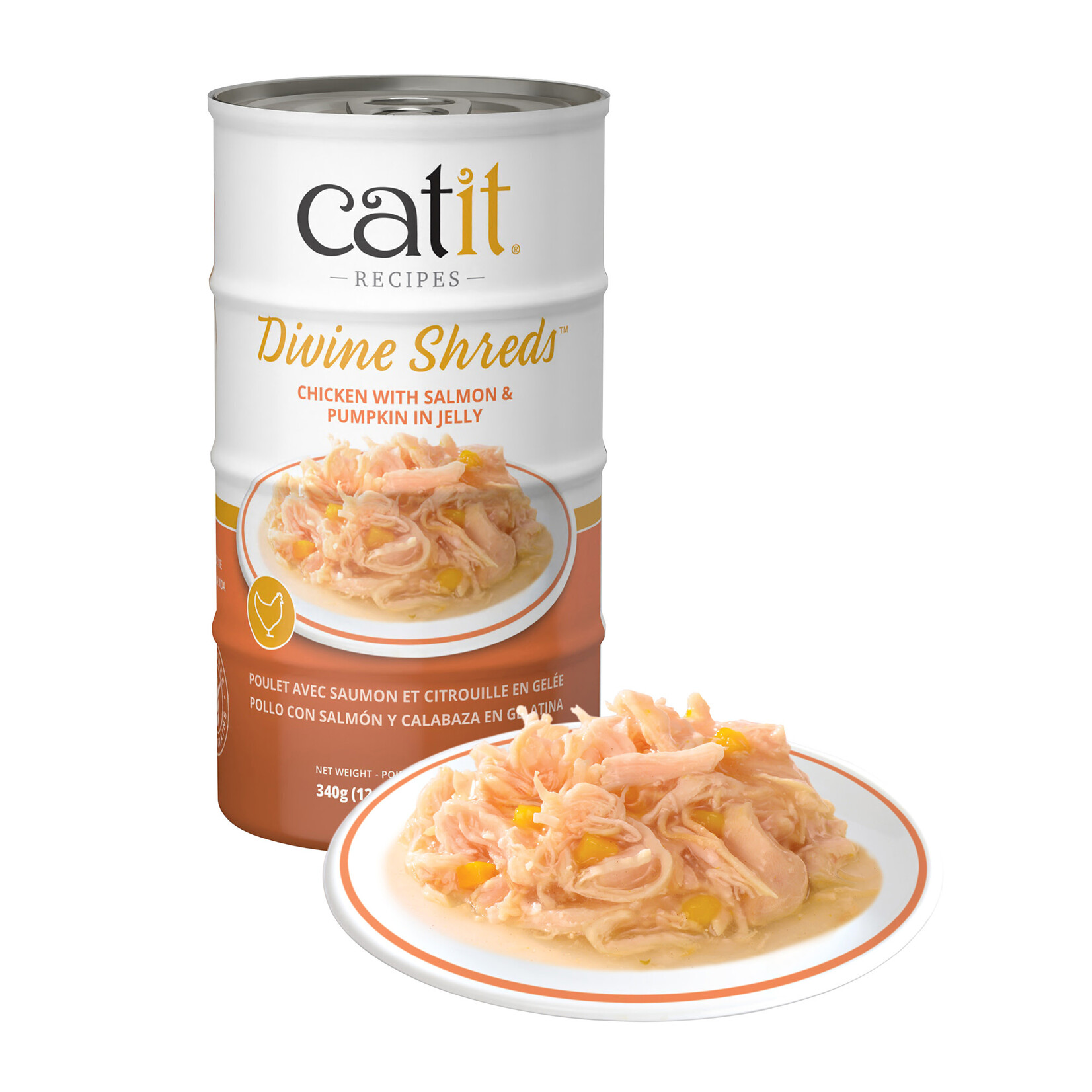 CAT IT Catit Divine Shreds - Chicken with Salmon & Pumpkin in Jelly - 4 x 85 g Cans