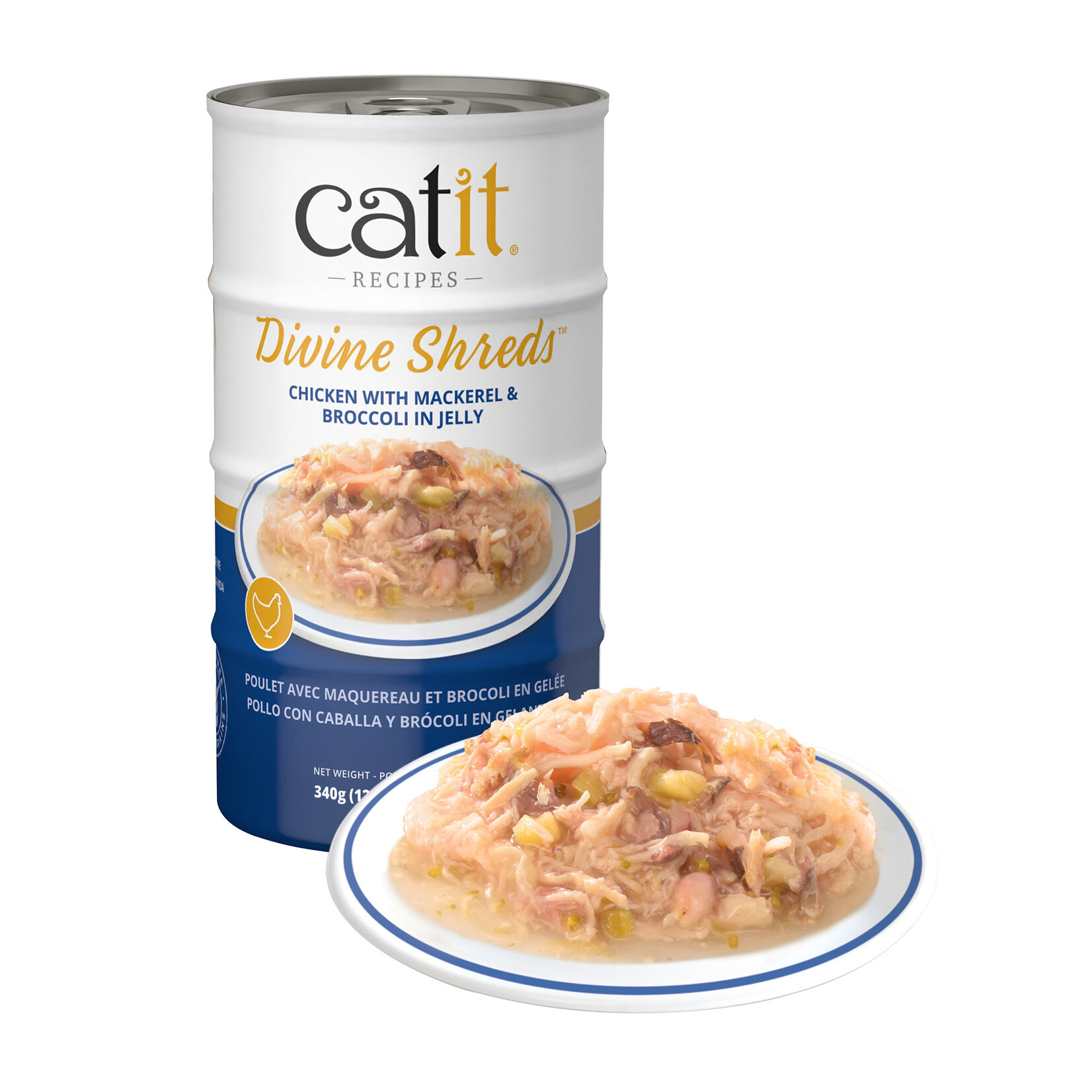 CAT IT Catit Divine Shreds - Chicken with Mackerel & Broccoli in Jelly - 4 x 85 g Cans