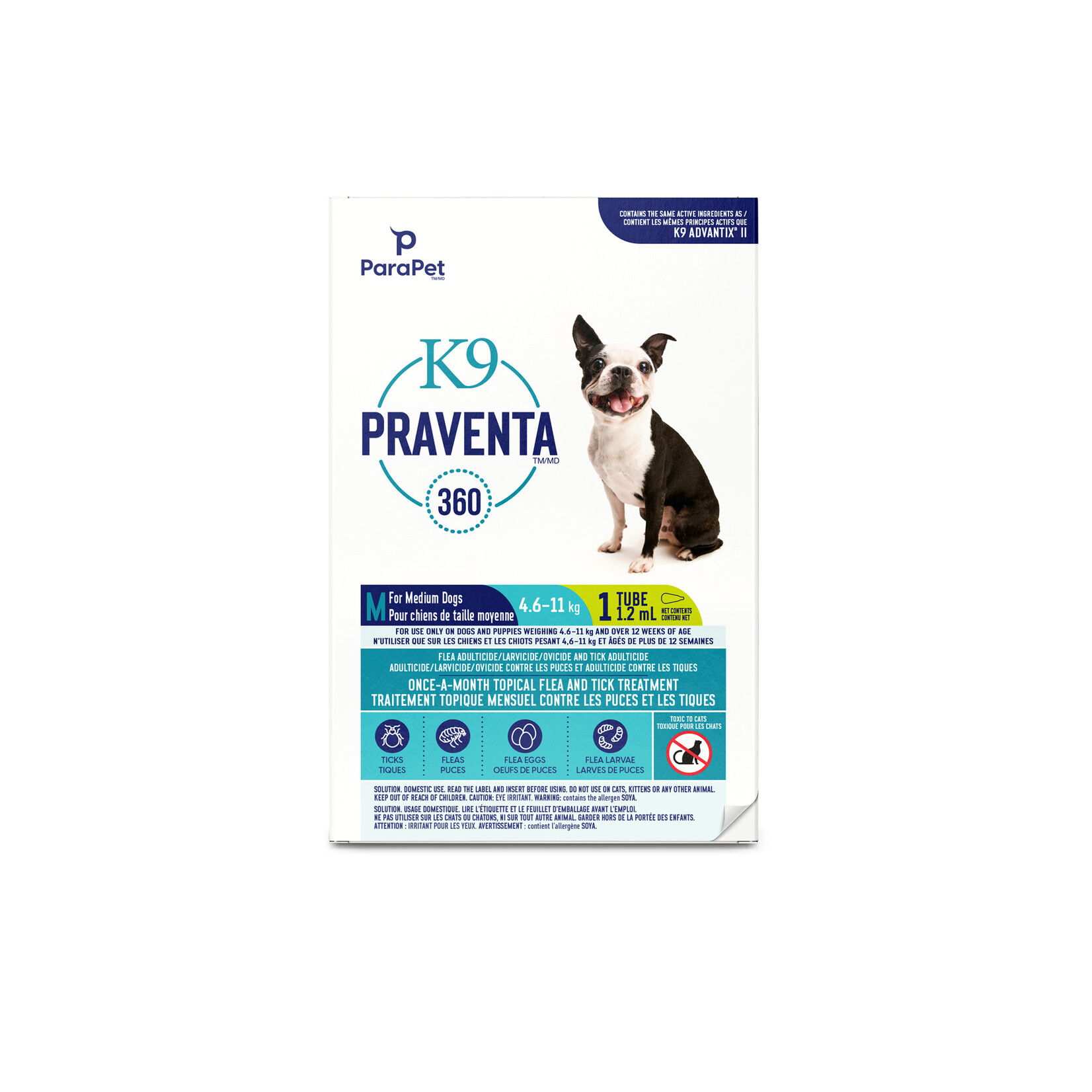 PARAPET K9 Praventa 360 Flea & Tick Treatment - Medium Dogs 4.6 kg to 11 kg - 1 Tube