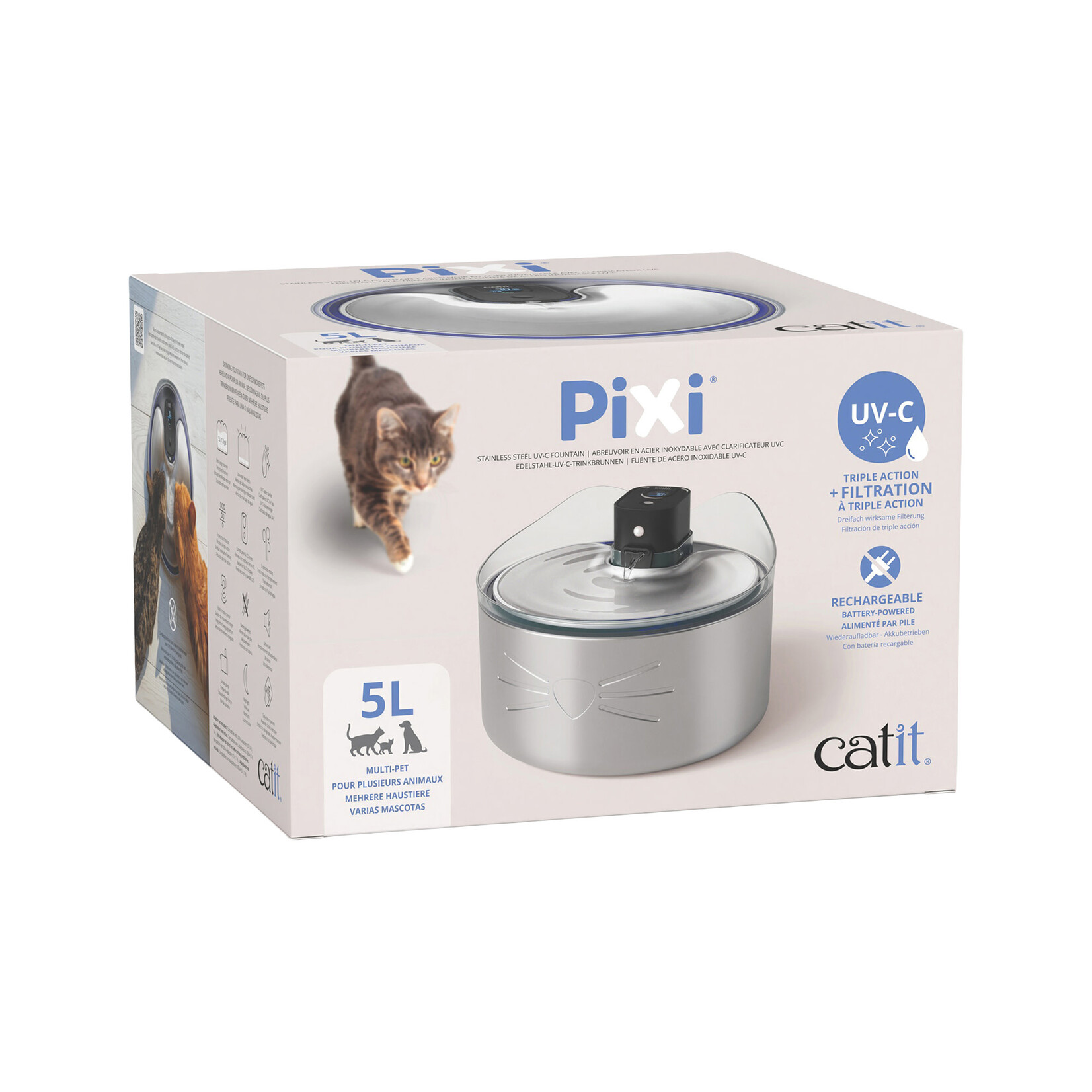 CAT IT Catit PIXI Cordless Stainless Steel UV-C Drinking Fountain - 5L (1.3 gal)