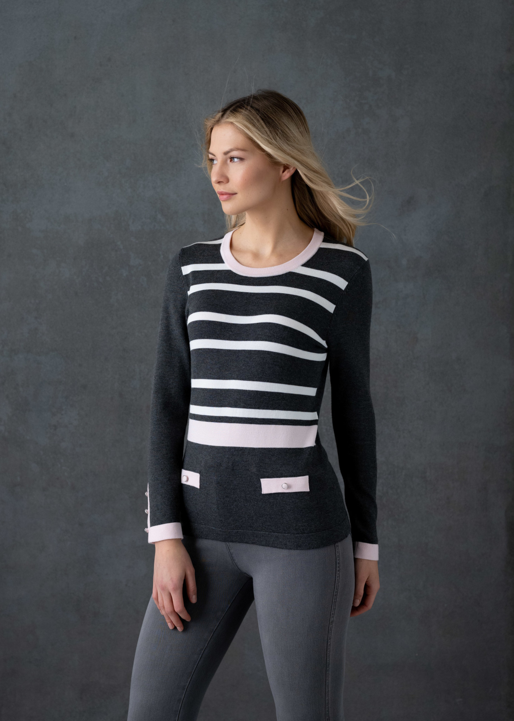Marble Marble Striped Sweater w/Button Detail Grey/Pink/White