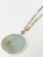 Caracol Caracol Long Mixed Bead Necklace w/Flat Natural Stone Pendant Aqua & Silver 1559-MXA-S