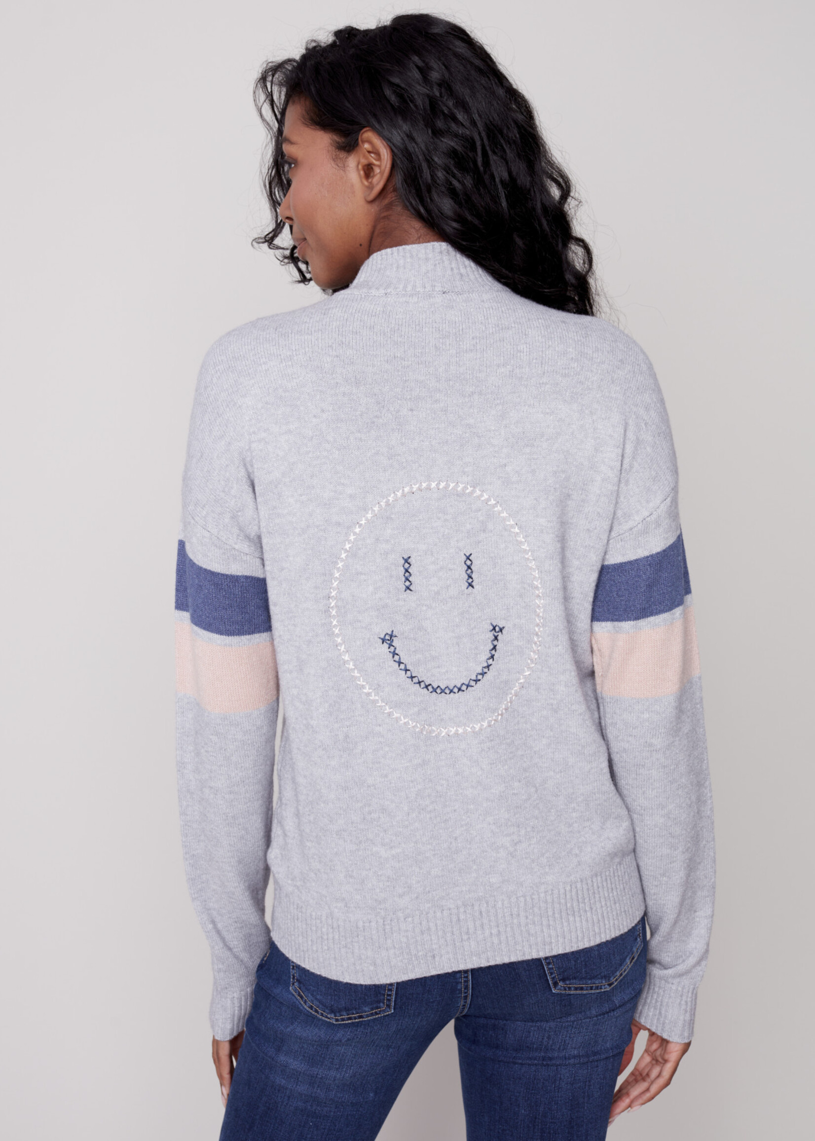 Charlie B Charlie B Mock Neck Back Smiley Design Jacquard Sweater H. Grey