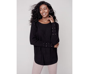 Charlie B Charlie B Sweater w/Criss Cross Sleeve Detail Black