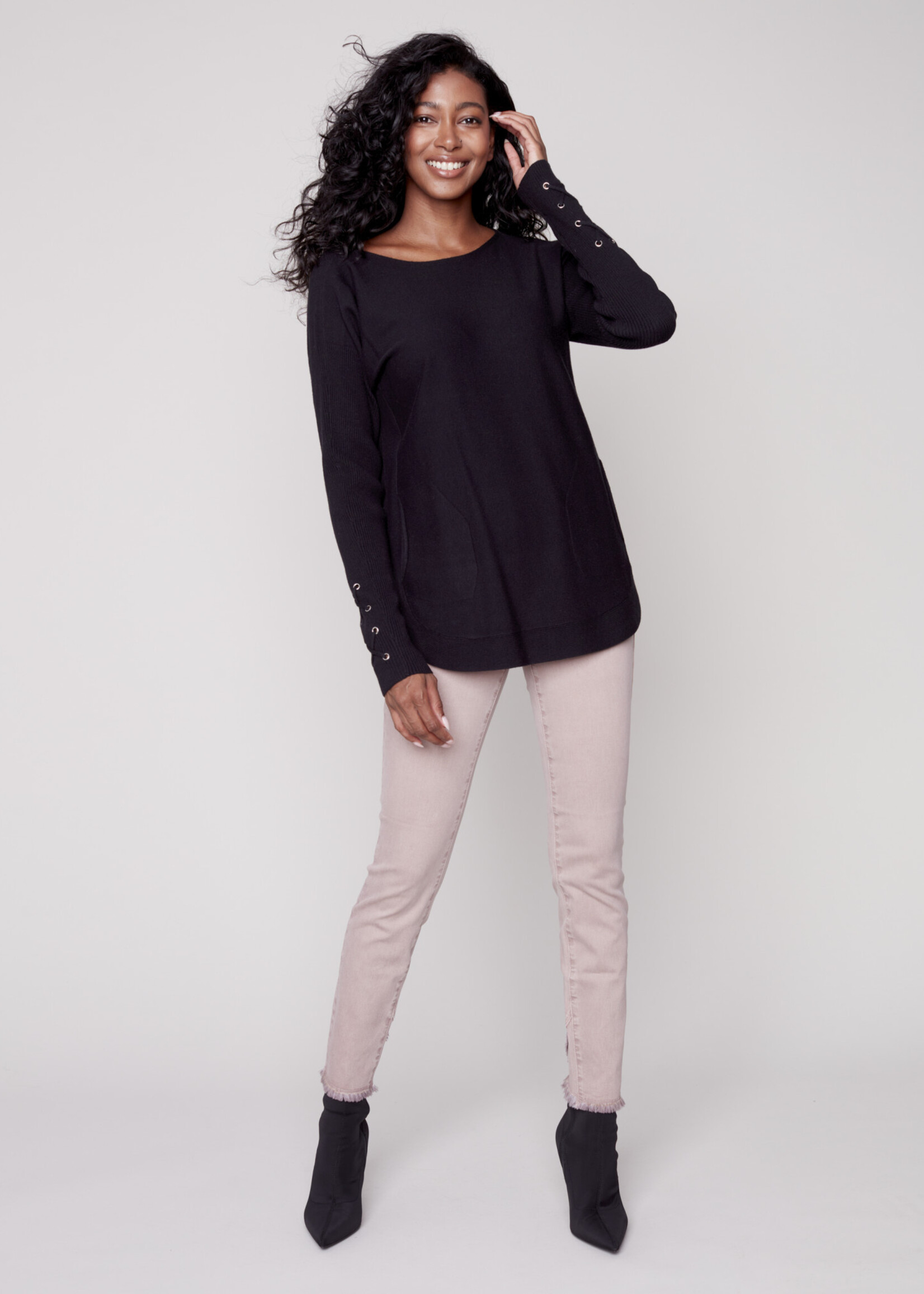 Charlie B Charlie B Sweater w/Criss Cross Sleeve Detail Black