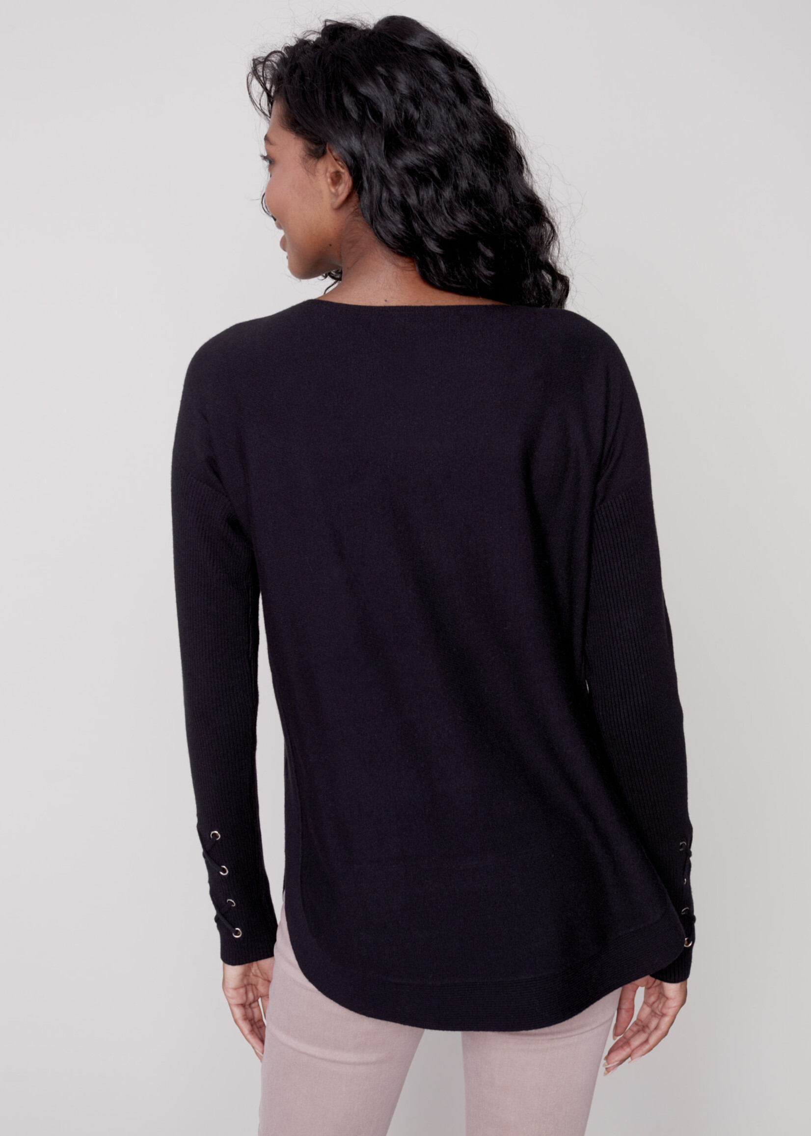 Charlie B Charlie B Sweater w/Criss Cross Sleeve Detail Black