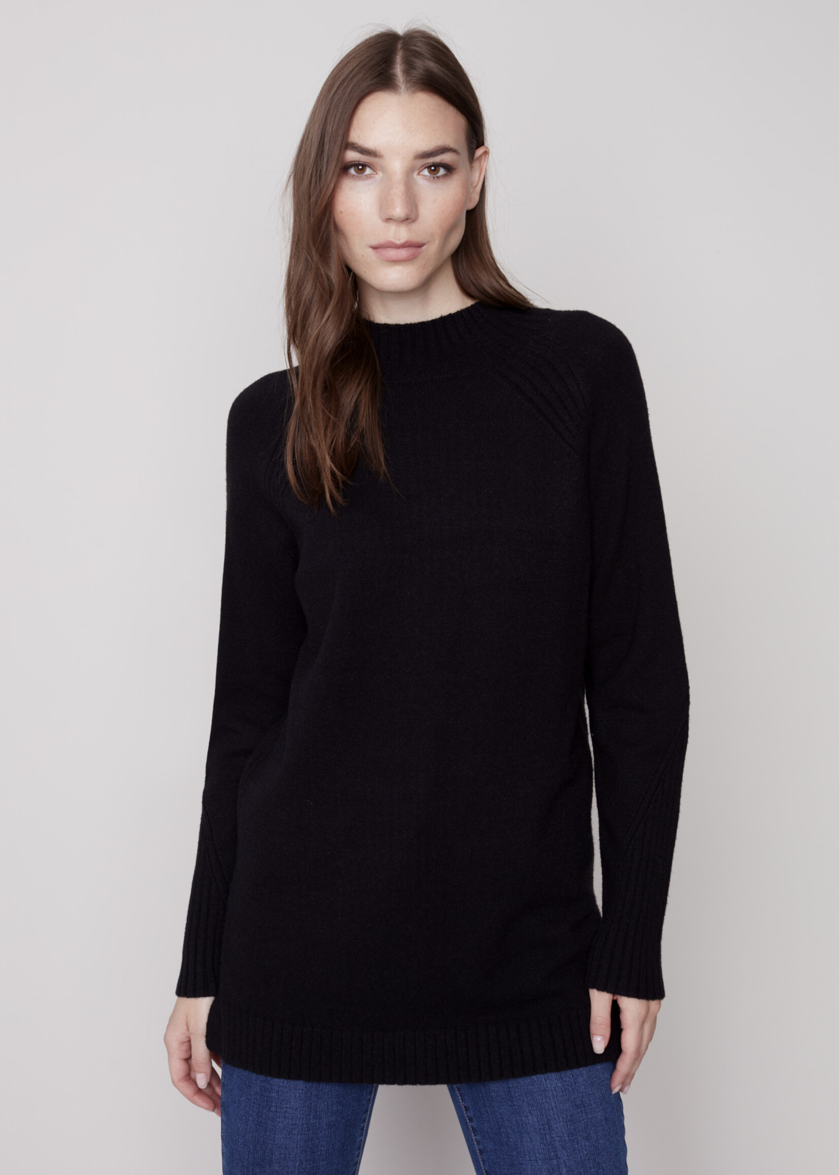 Charlie B Charlie B Mock Neck Raglan Sleeve Sweater w/Rib Design Black
