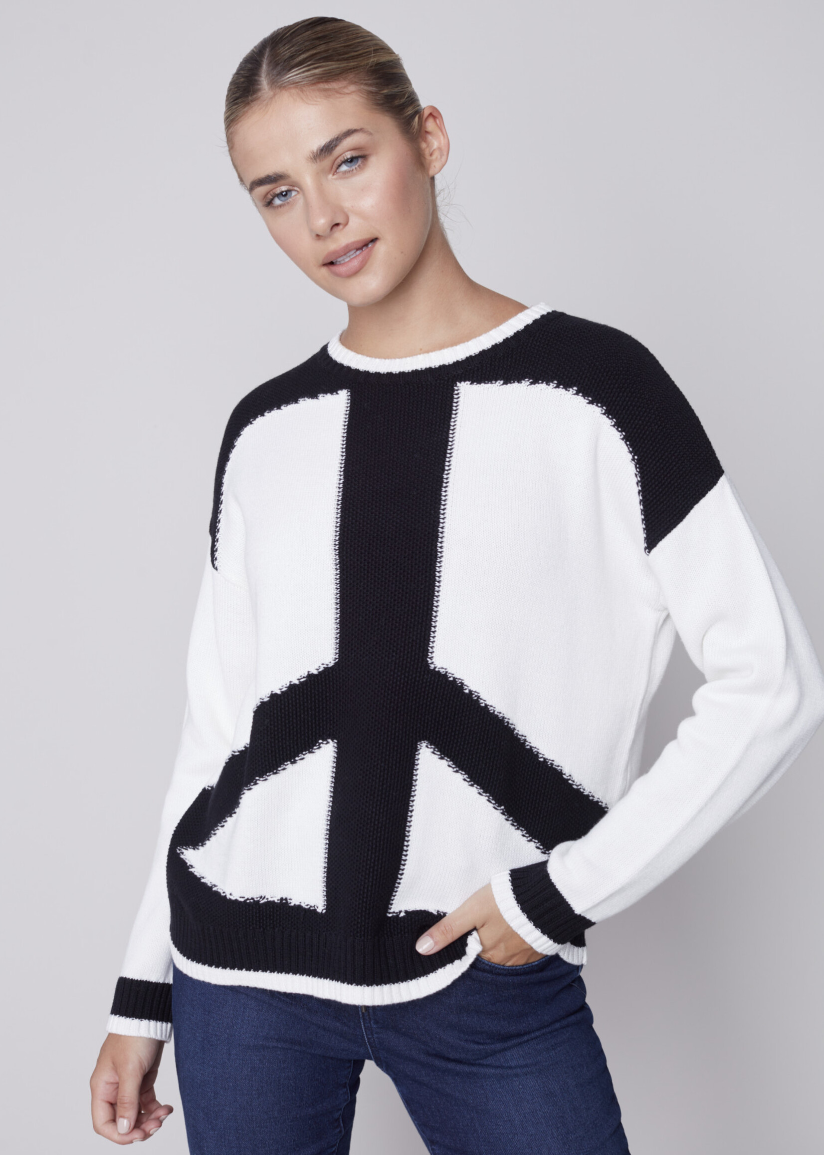 Charlie B Charlie B Crew Neck Drop Shoulder Peace-Sign Jacquard Sweater Peace