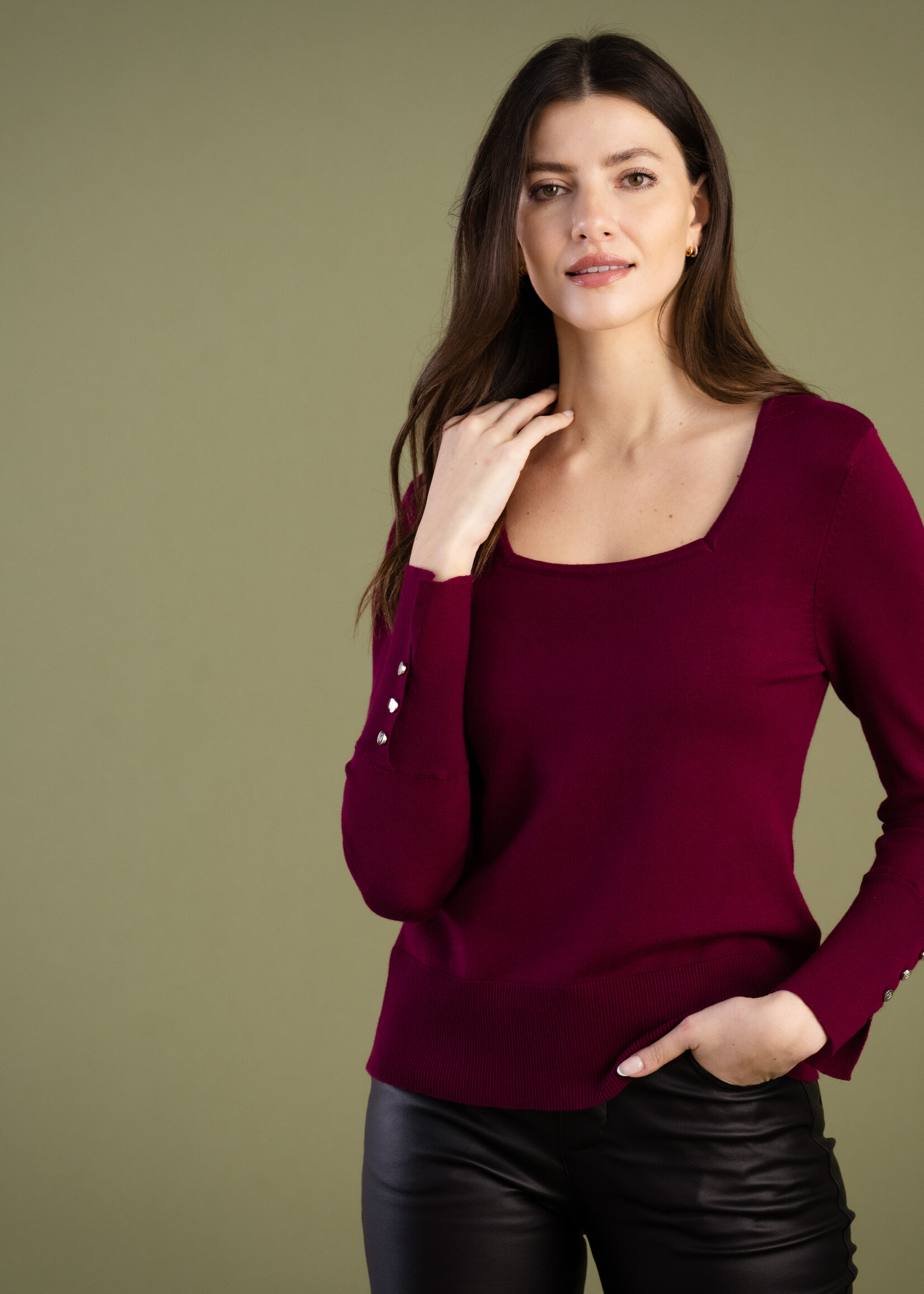 Marble Marble Square Neck Sweater w/Cuff Split & Button Detail Berry