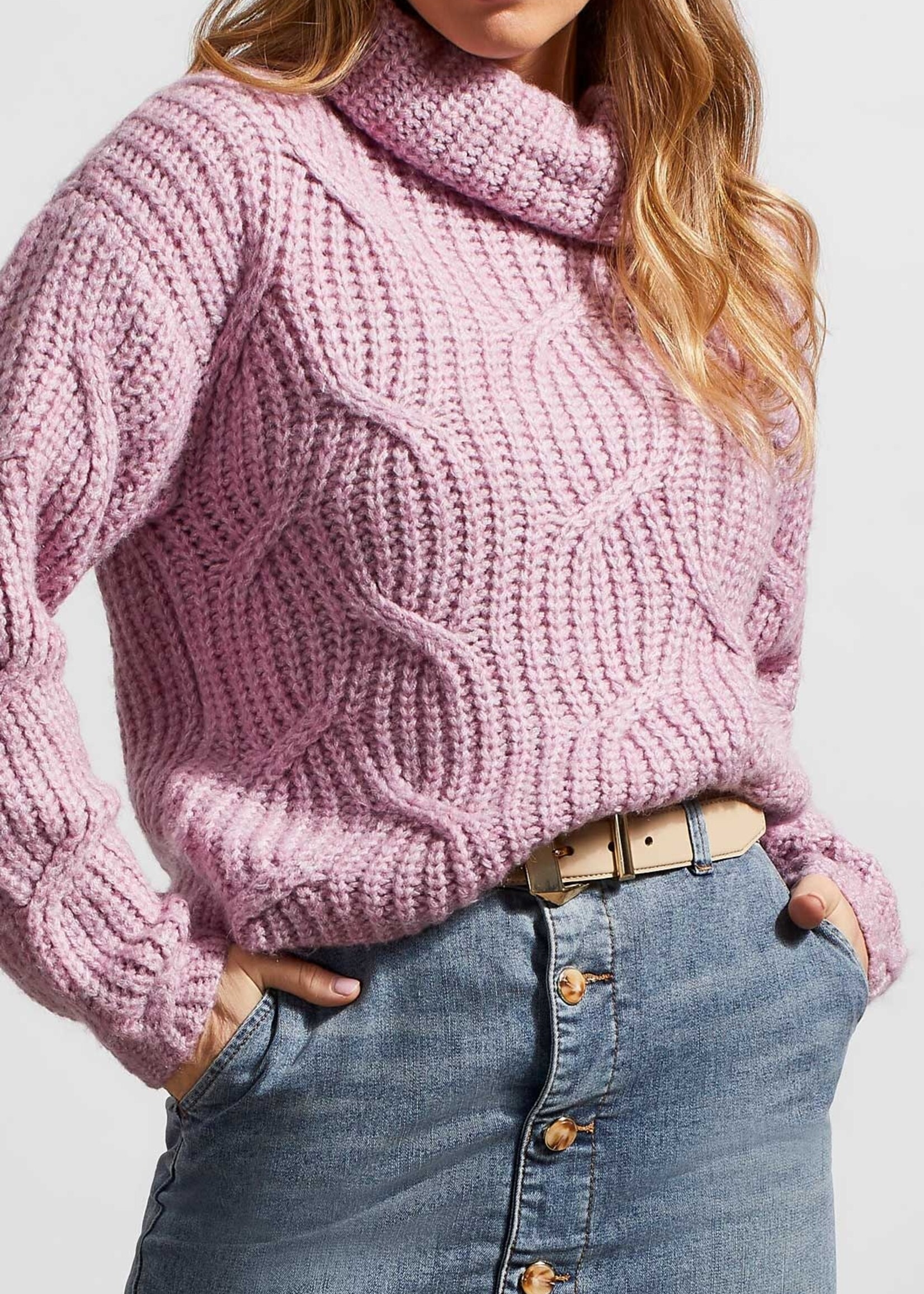 Tribal Tribal Turtleneck Sweater w/Cable Detail Mauve Shadow