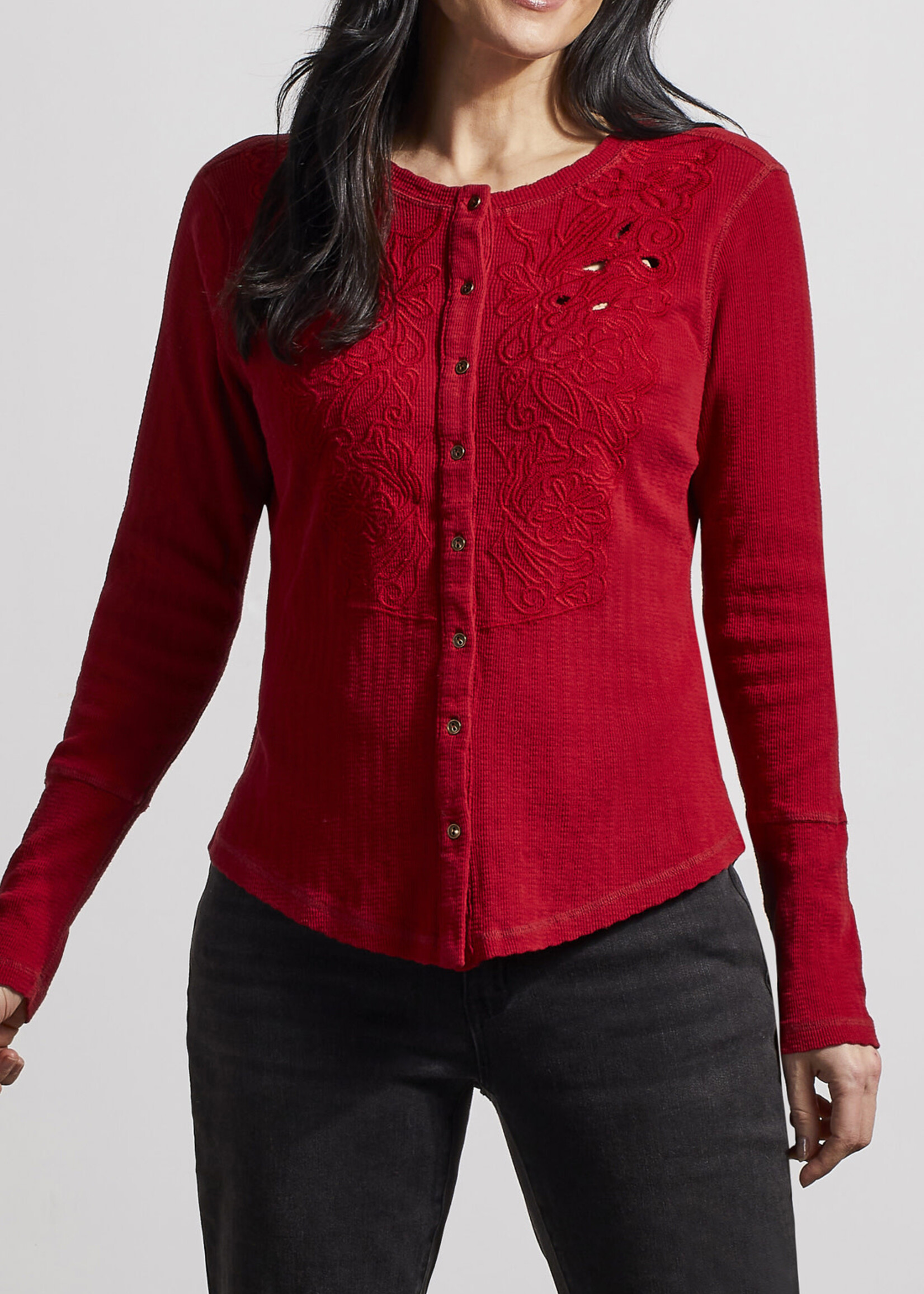 Tribal Tribal Button Down Crew Neck Top w/Embroidery Earth Red