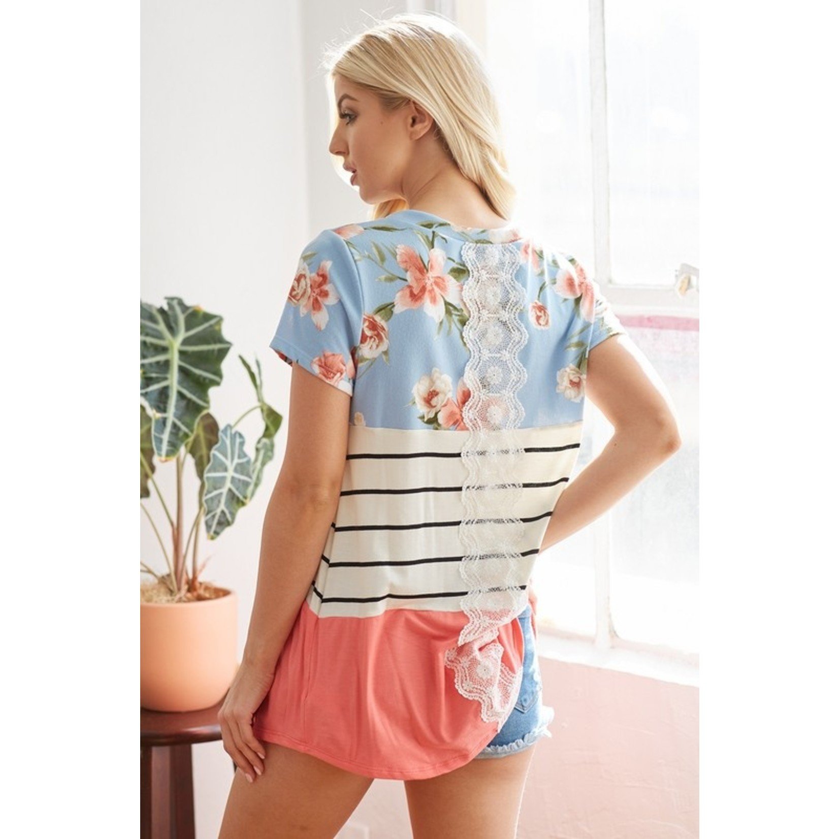 Lovely Melody Floral/Stripe Color Block Short Sleeve Top with Lace Detail on back