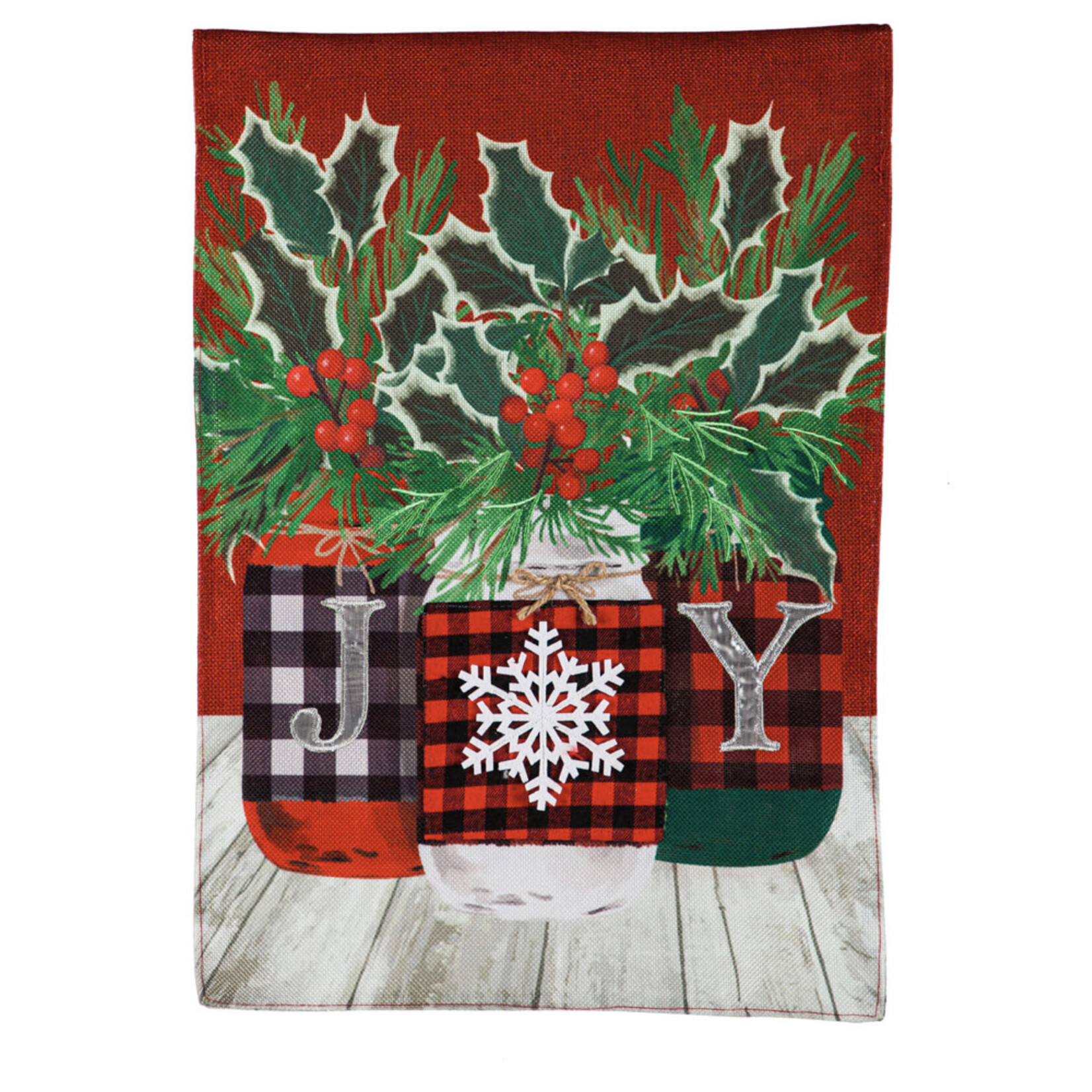 Evergreen Joy Mason Jar Trio Garden Burlap Flag