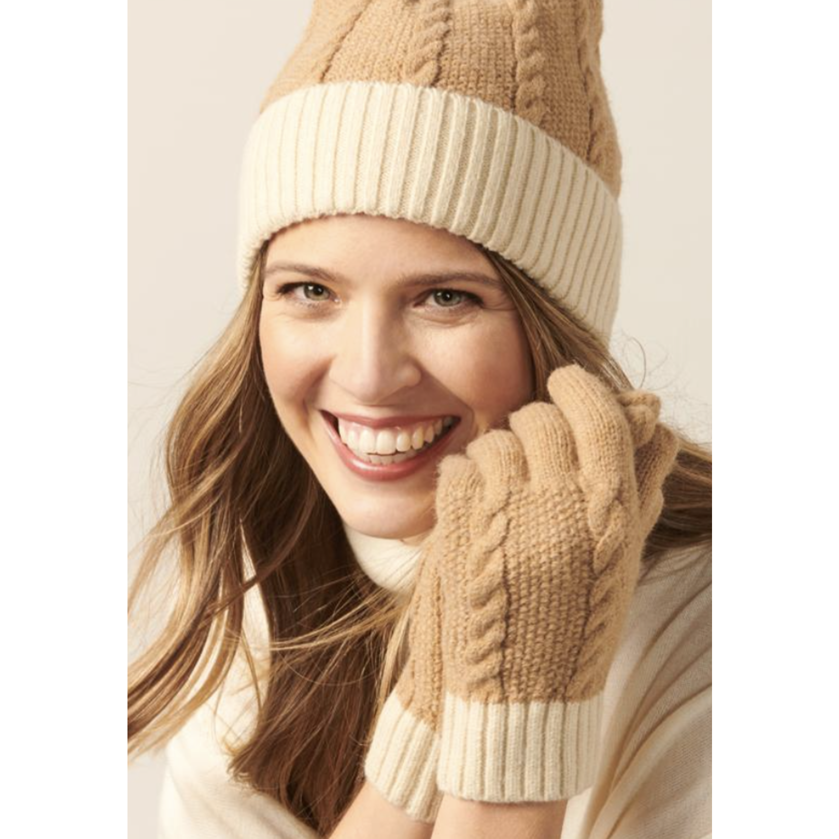 Charlie Paige Blended Yarn Two Tone Knitted Hat & Glove Set by Charlie Paige Camel