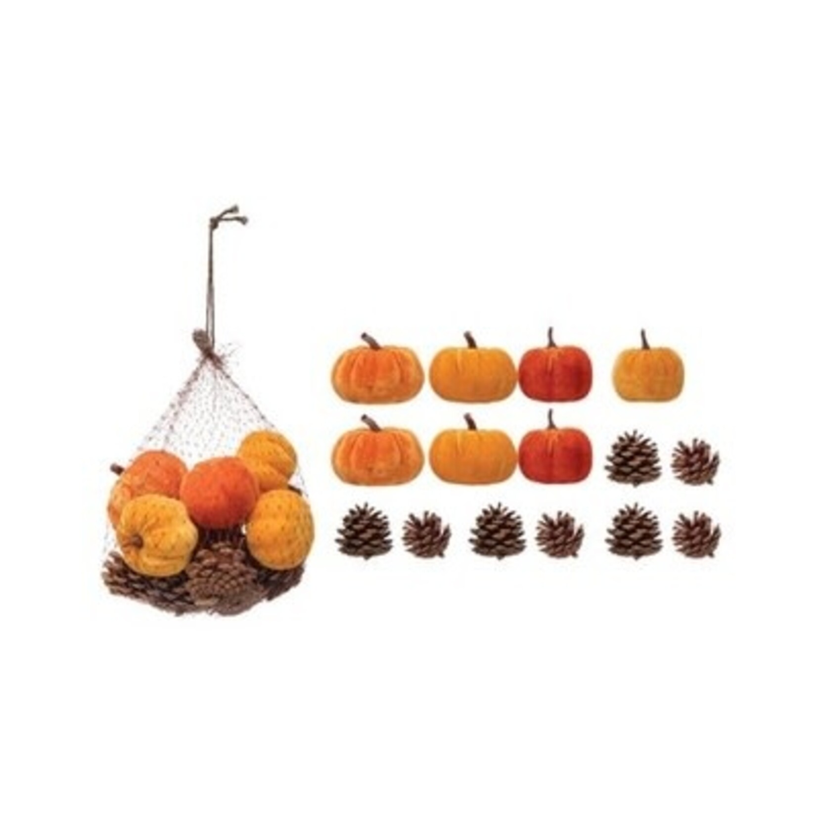 Creative Co-op Velvet Pumpkin & Pinecone in Net