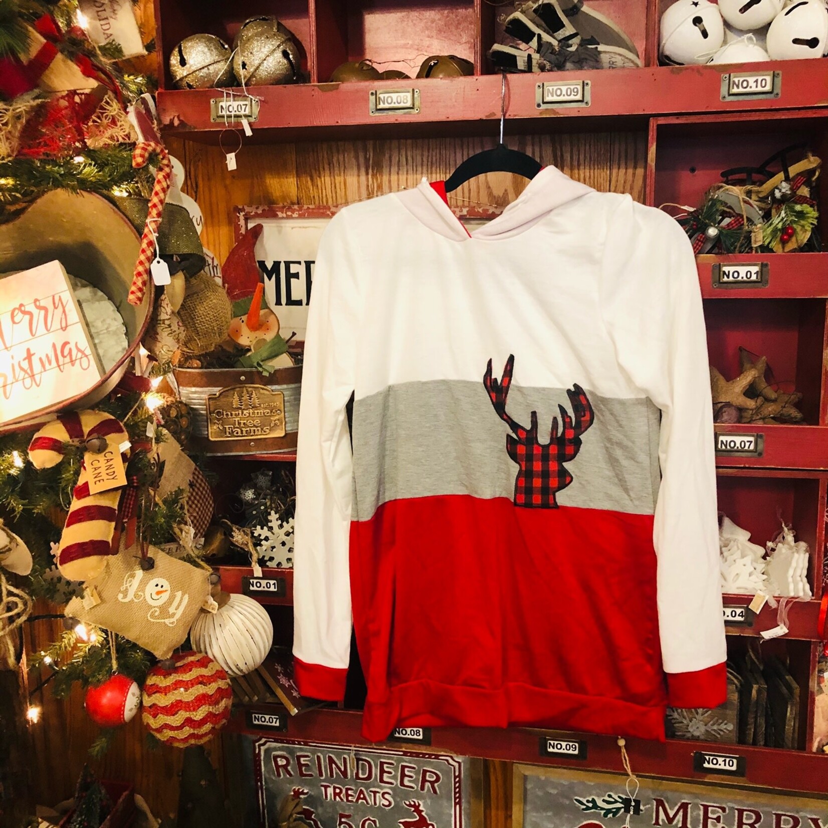 7th Ray Hooded Colorblock Buffalo Plaid Deer Head Top