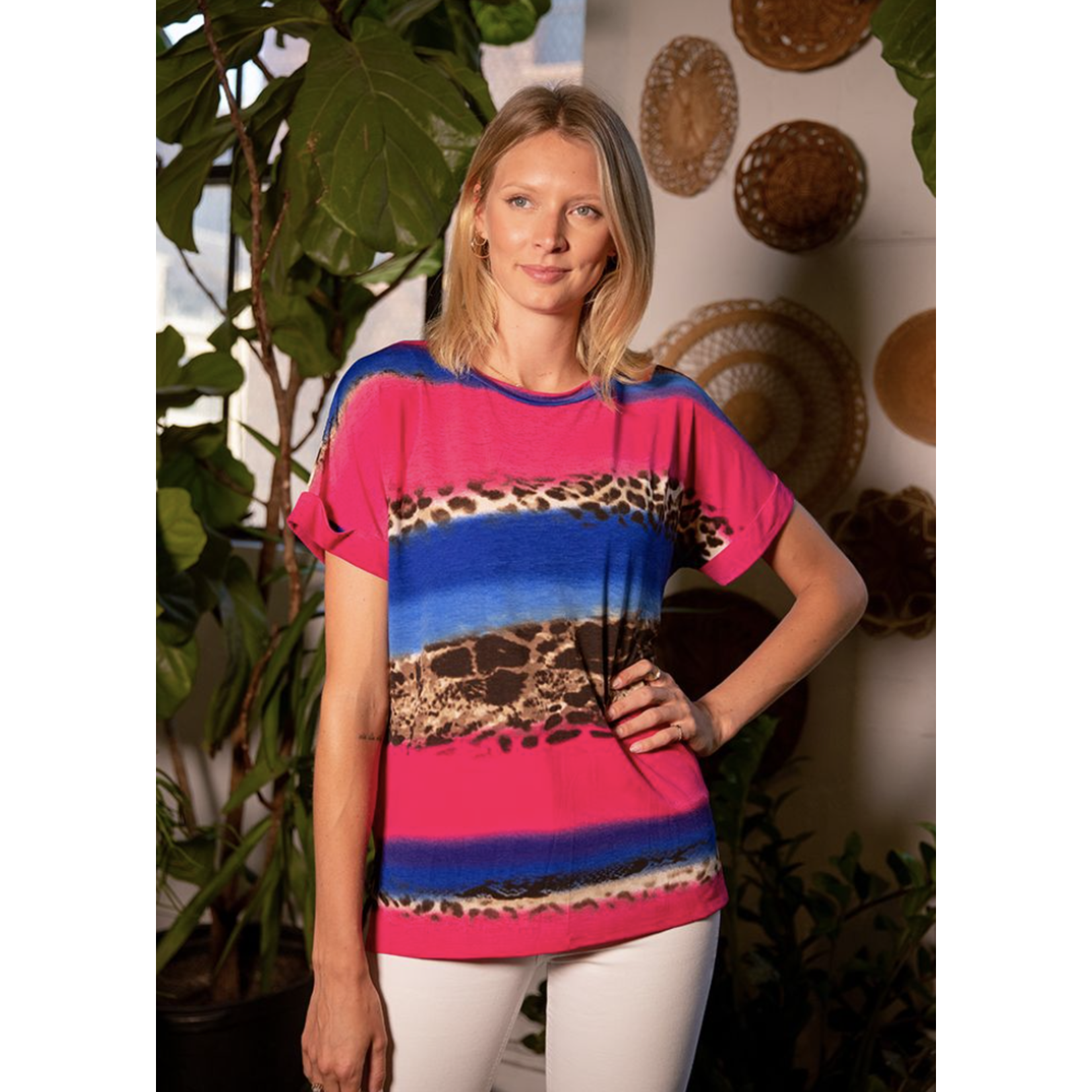 Sew in Love Sew in Love Leopard Print Magenta Ombre Short Sleeve Top