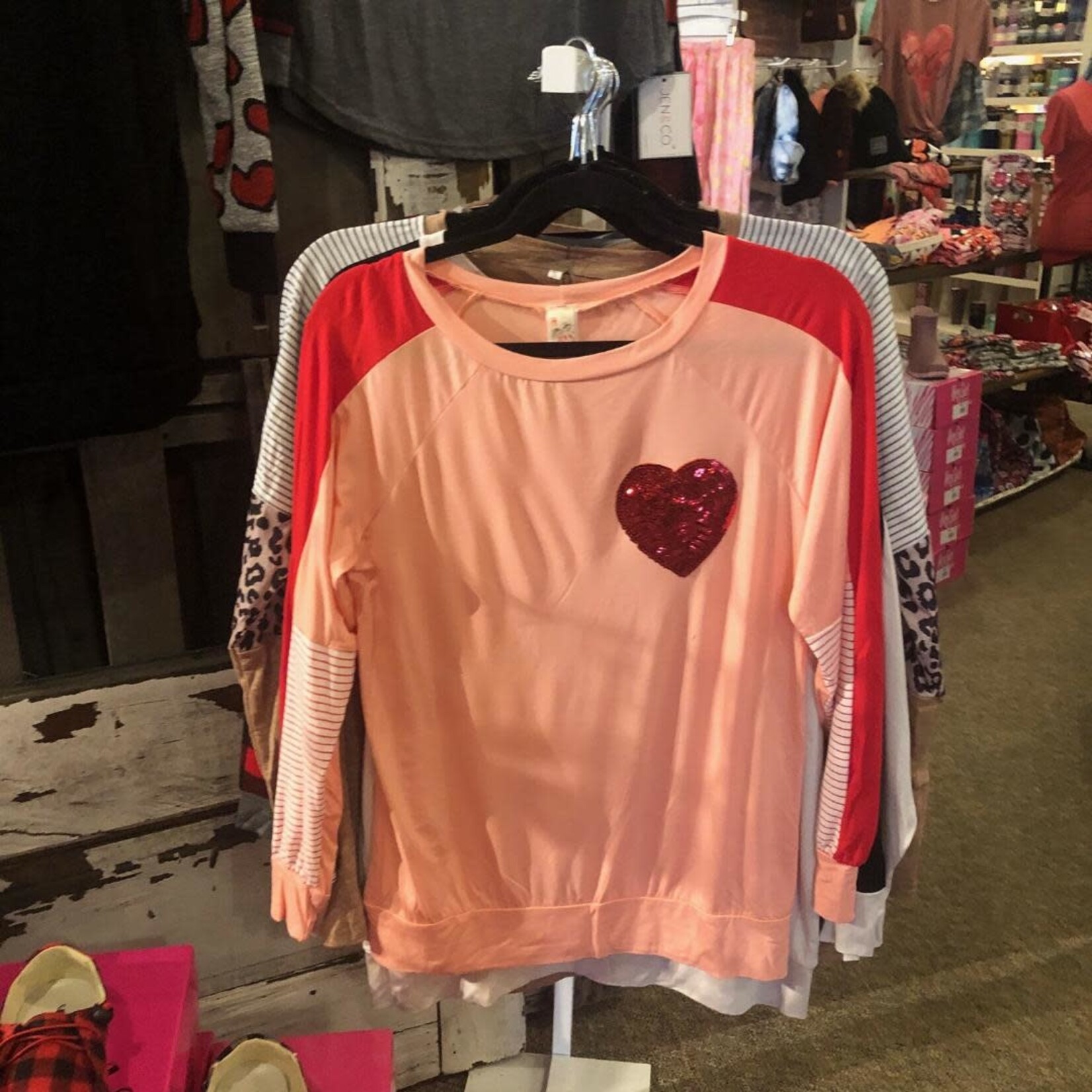 7th Ray Color Block Long Sleeve Shirt with Sequin Heart