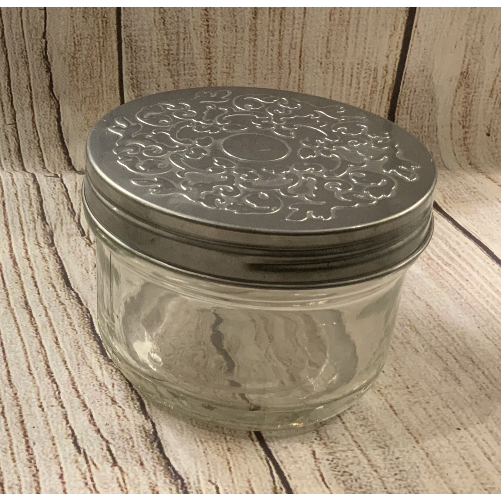 Great Finds Glass Jar w/Metal Embossed Lid