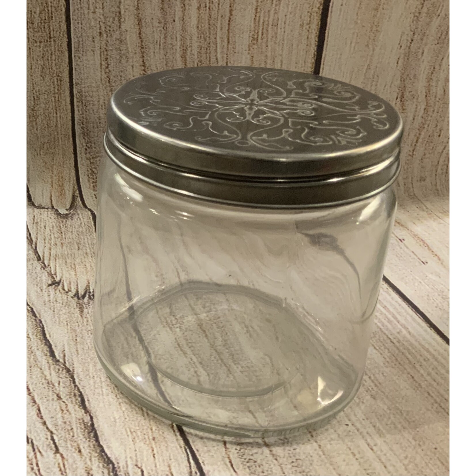 Great Finds Glass Jar w/Metal Embossed Lid