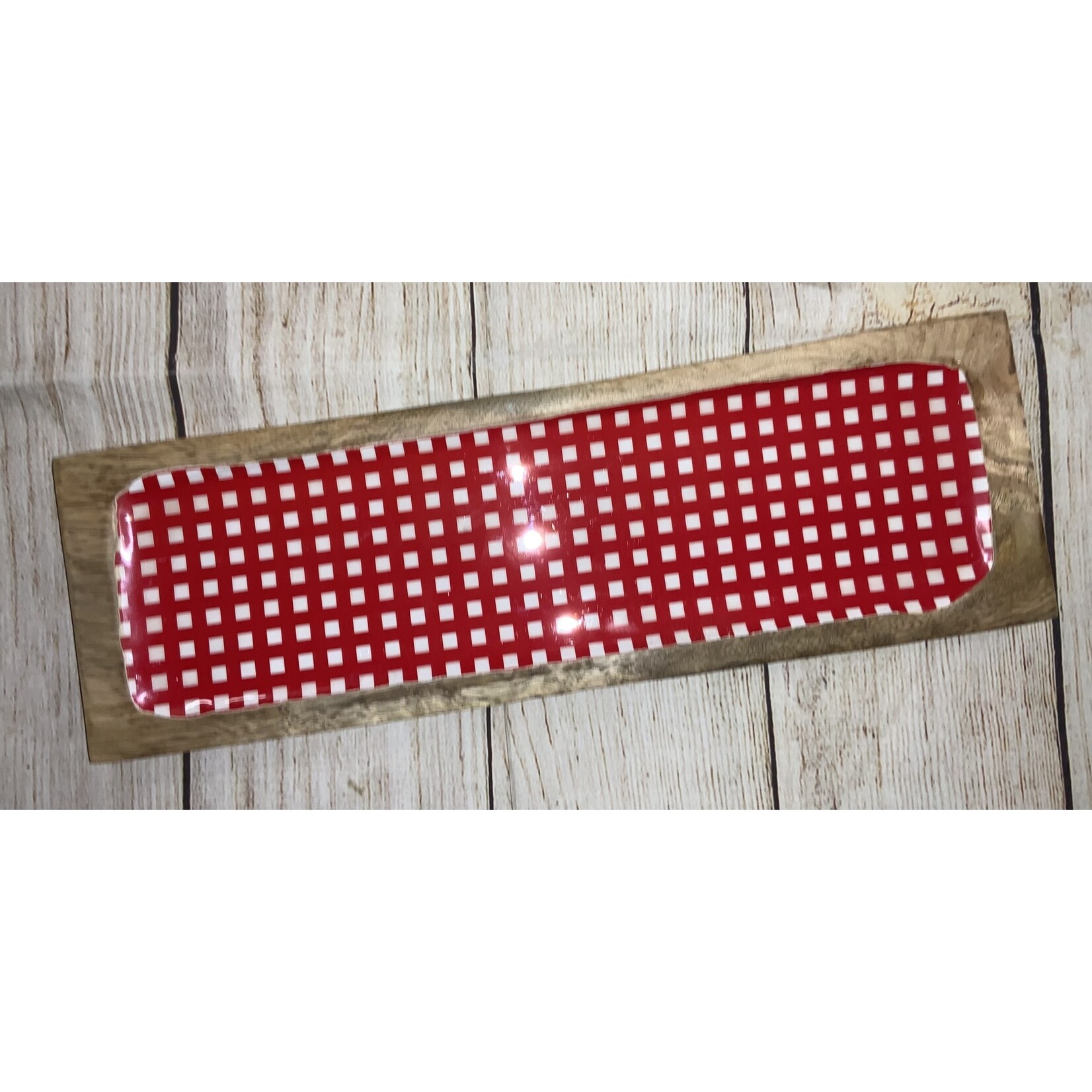 Creative Co-op Red Gingham Enameled Mango Wood Tray