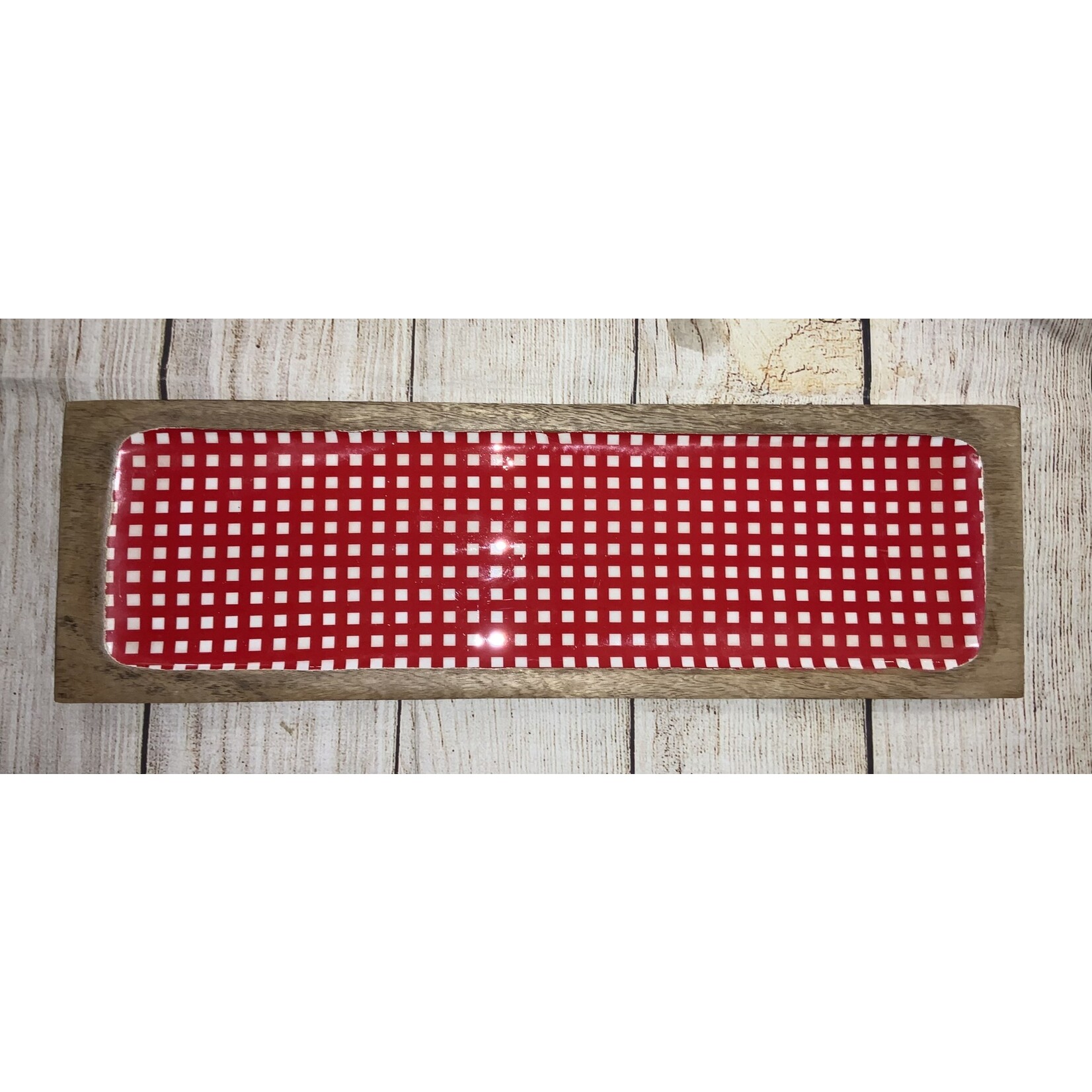 Creative Co-op Red Gingham Enameled Mango Wood Tray