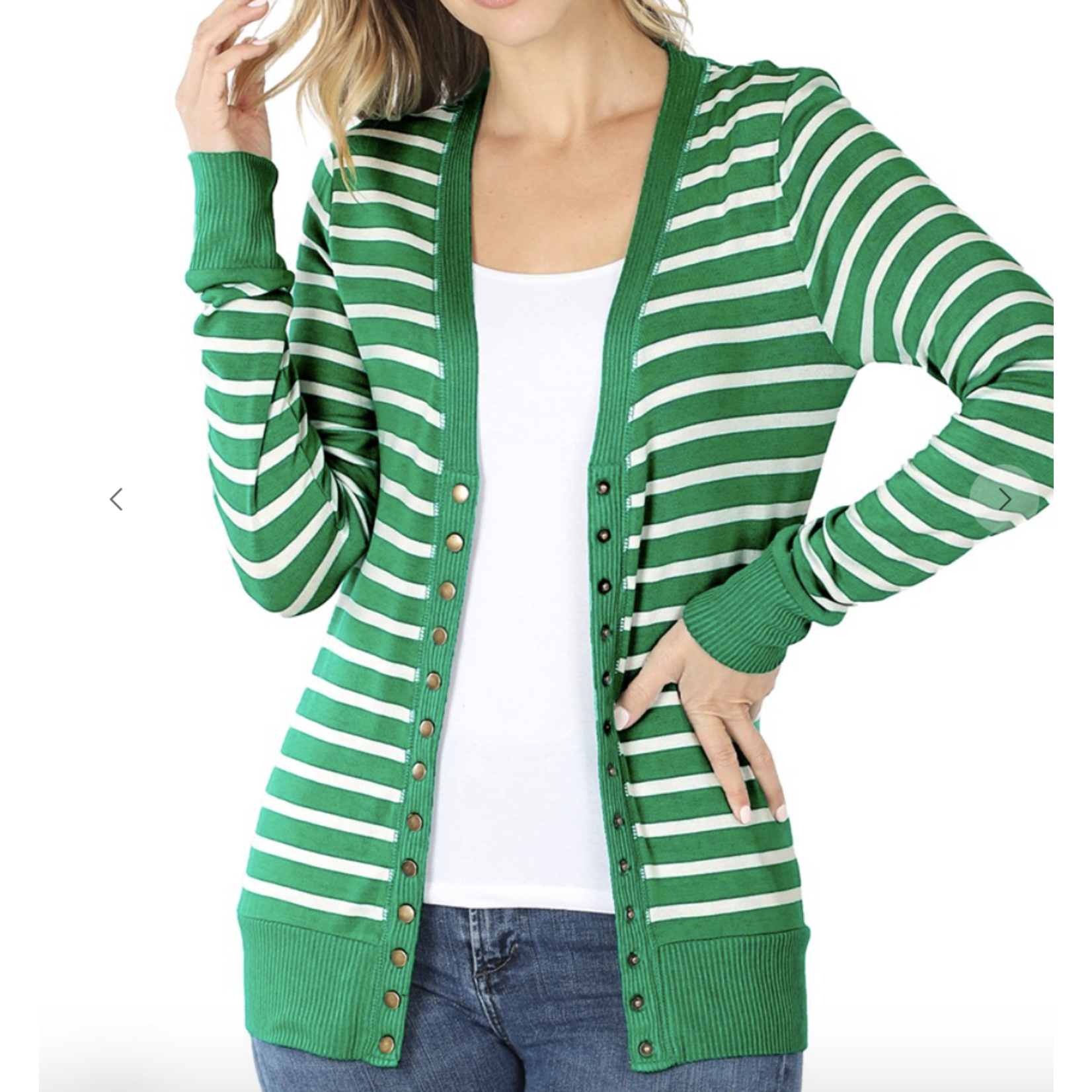 Zenana Zenana Striped Snap Button Cardigan Kelly Green/Ivory Small