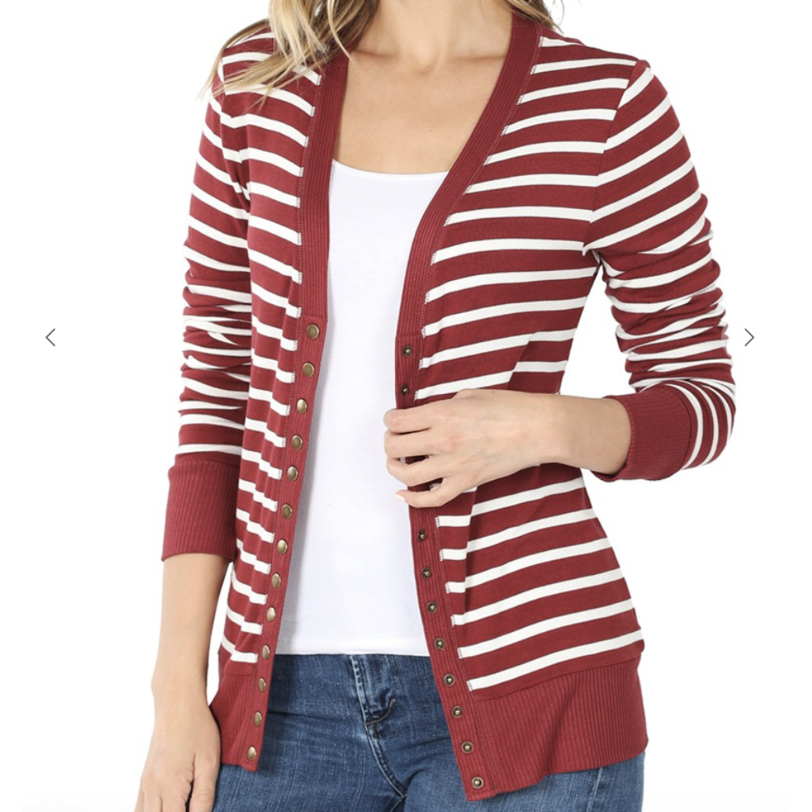Zenana Zenana Striped Snap Button Cardigan Brick/Ivory