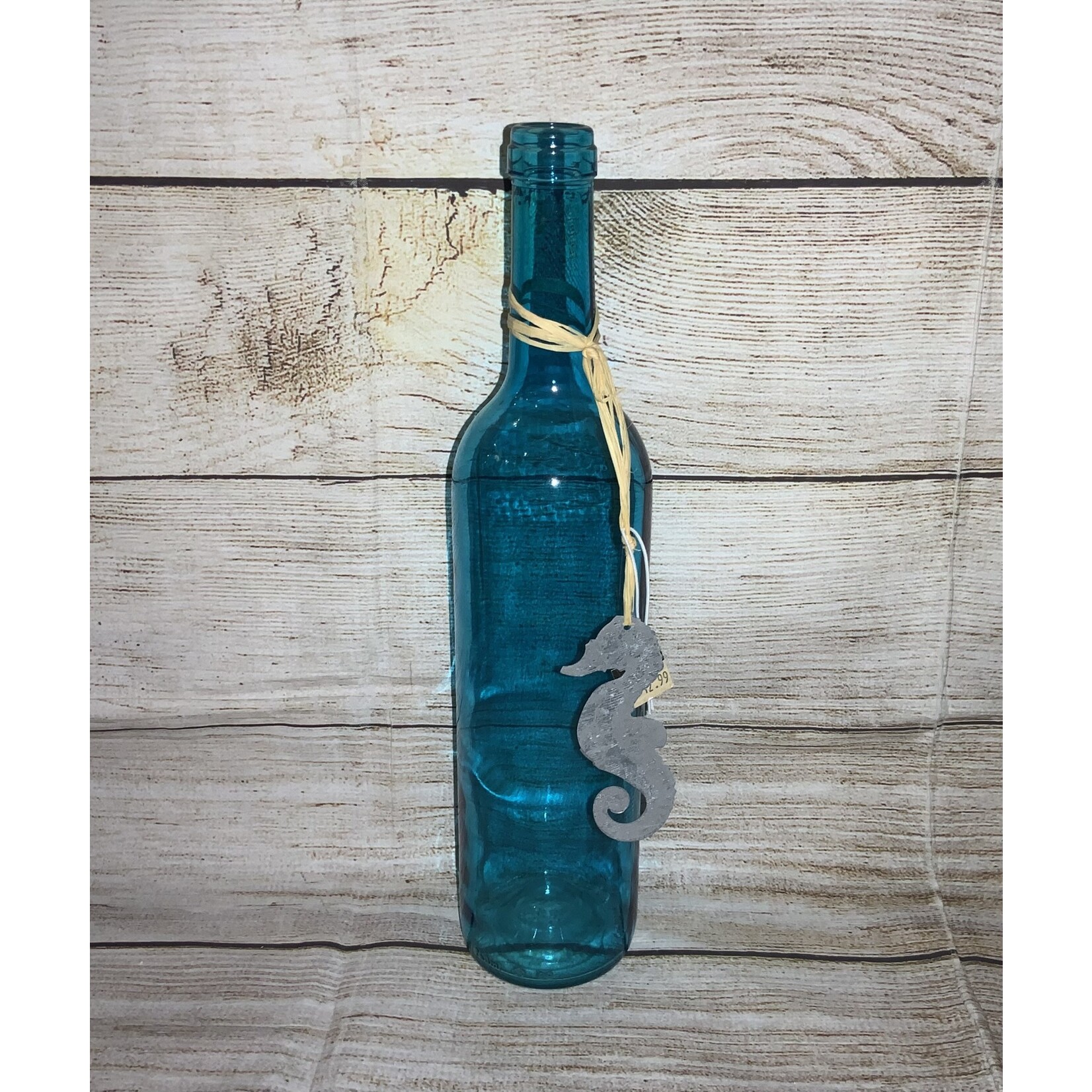 Creative Co-op Blue Glass Bottle w/Sea Horse