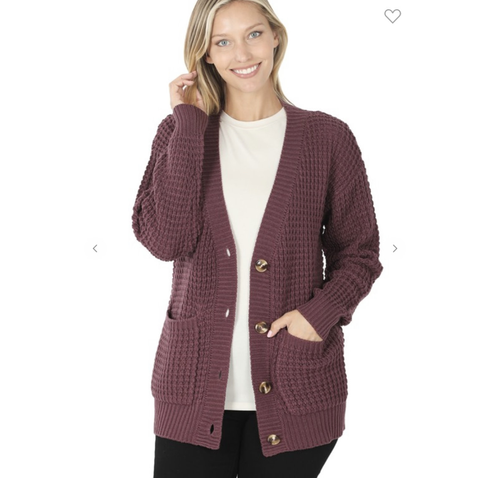 Zenana Waffle Cardigan with Pockets Eggplant - A Gathering Place