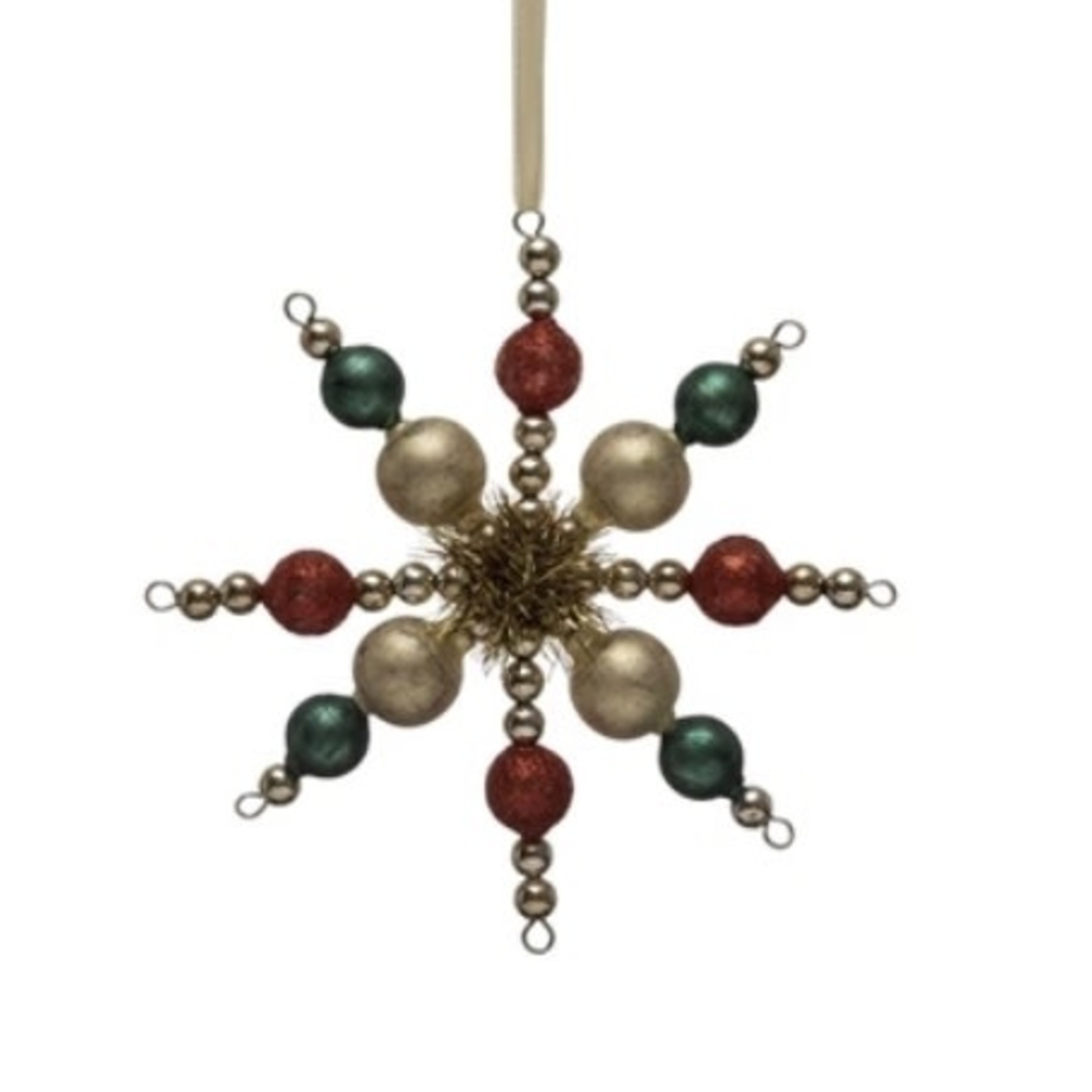 Creative Co-op Glass Bead Snowflake Ornament w/Tinsel & Glitter