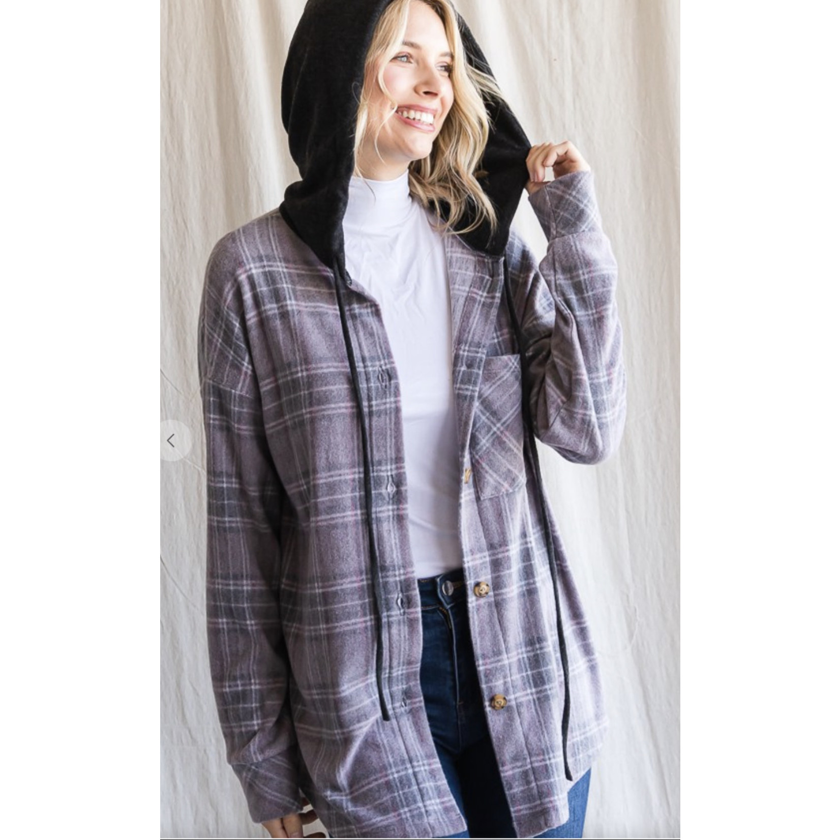 7th Ray 7th Ray Hooded Plaid Shacket Vintage Charcoal Large