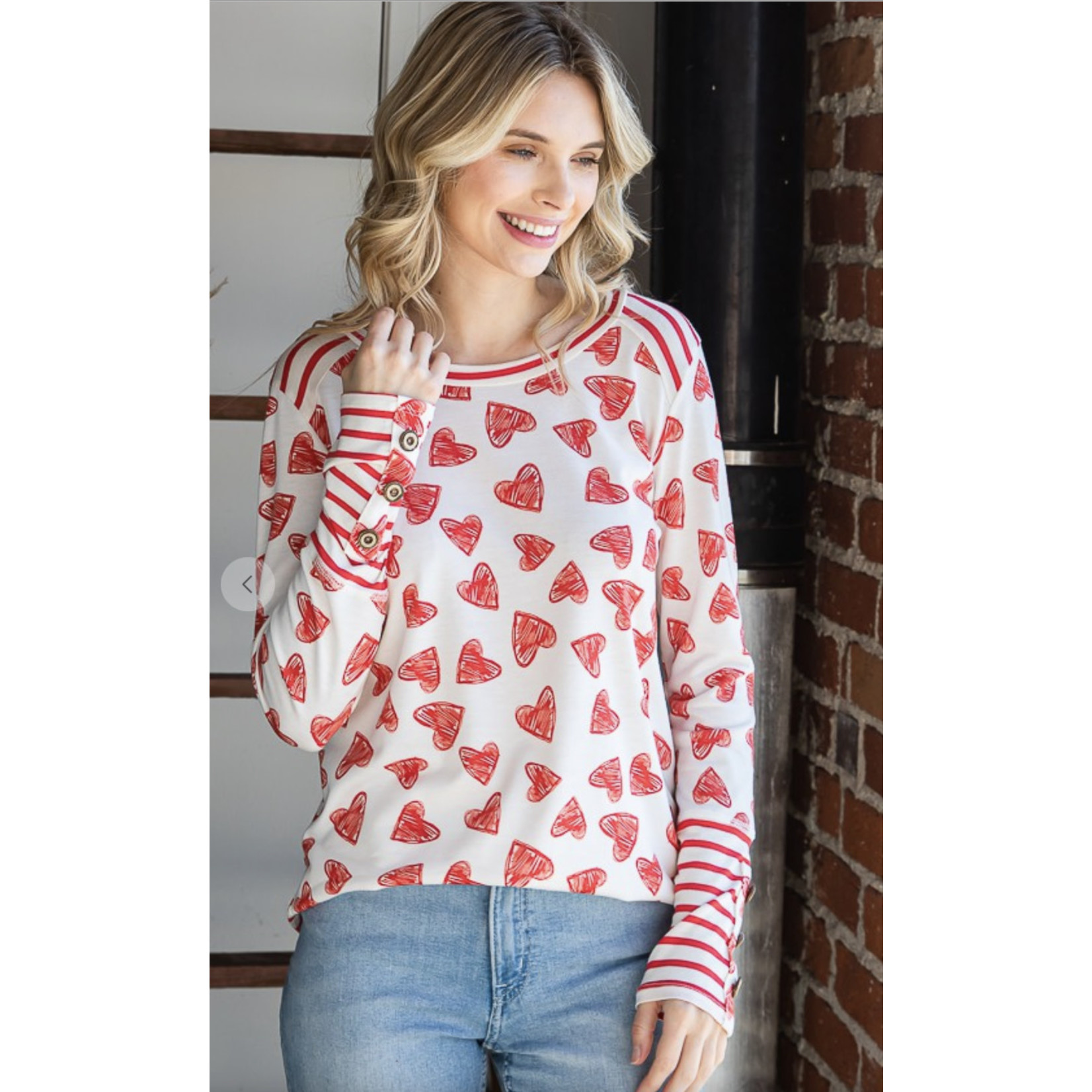 7th Ray 7th Ray Button Detail Heart Long Sleeve Top Red