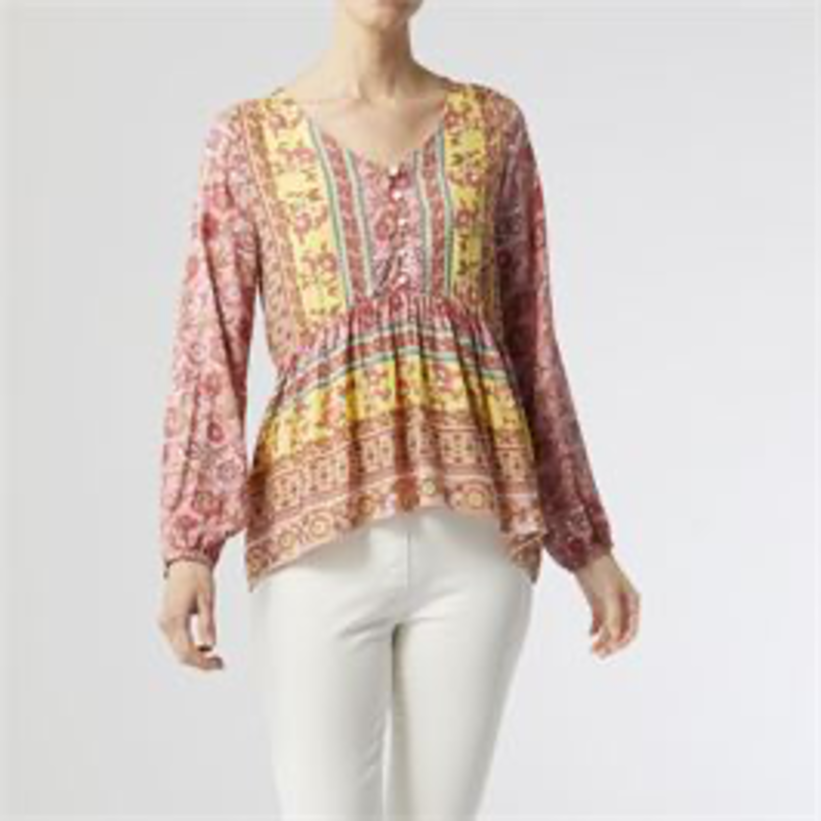 Coco + Carmen Coco+Carmen Palmer V-Neck Peplum Blouse Coral/Yellow Floral