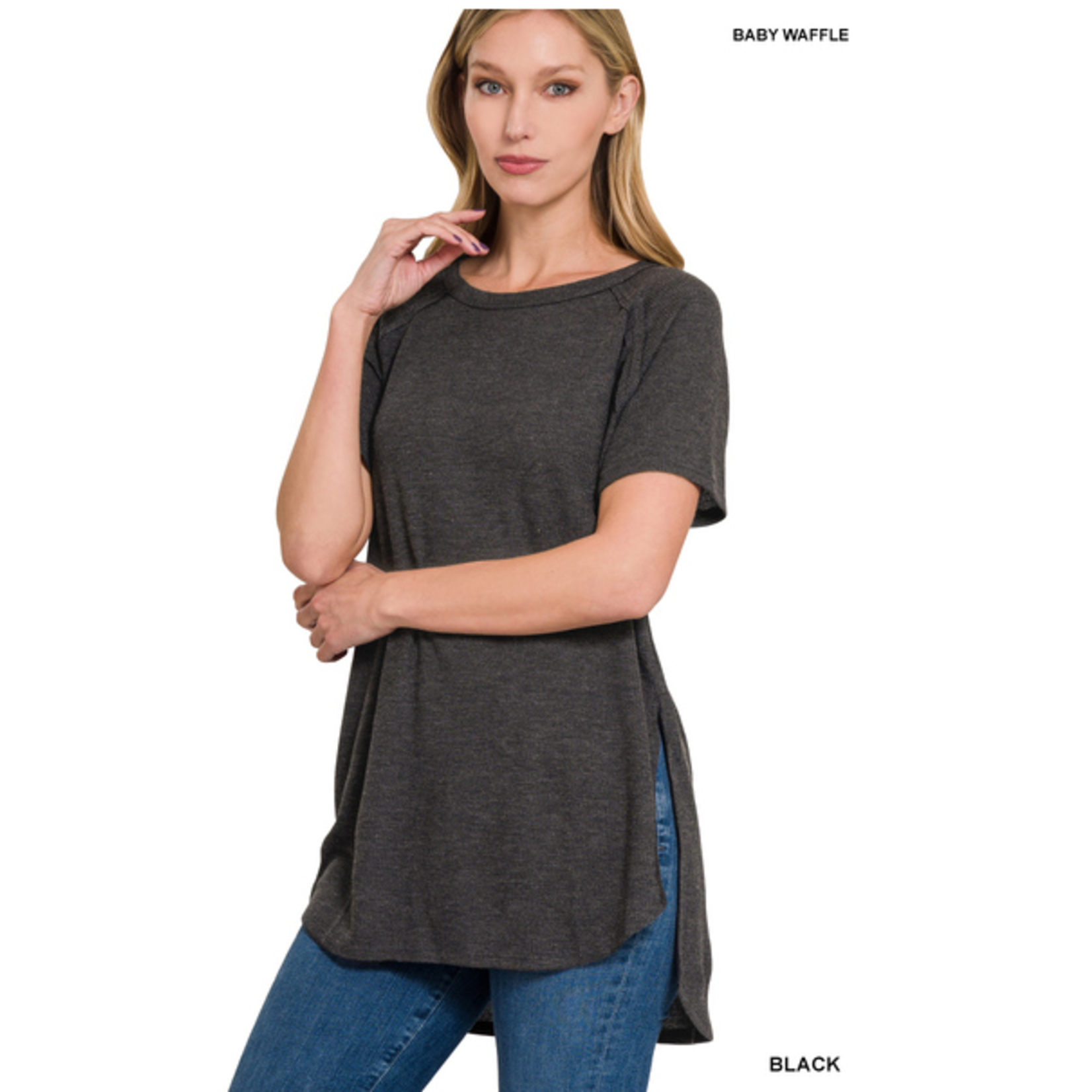 Zenana Zenana Melage Baby Waffle Short Sleeve Top Black