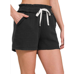 Zenana Zenana Double Elastic Band Linen Drawstring Waist Shorts Black