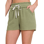 Zenana Zenana Double Elastic Band Drawstring Waist Shorts Lt Olive