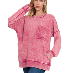 Zenana Zenana Terry Acid Wash Raw Edge Pullover Ash Pink