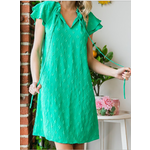 7th Ray 7th Ray Solid Textured Tie Split Mock Neck Dress Kelly Green