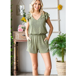 7th Ray 7th Ray Solid Rib Ruffle Sleeve Romper Olive