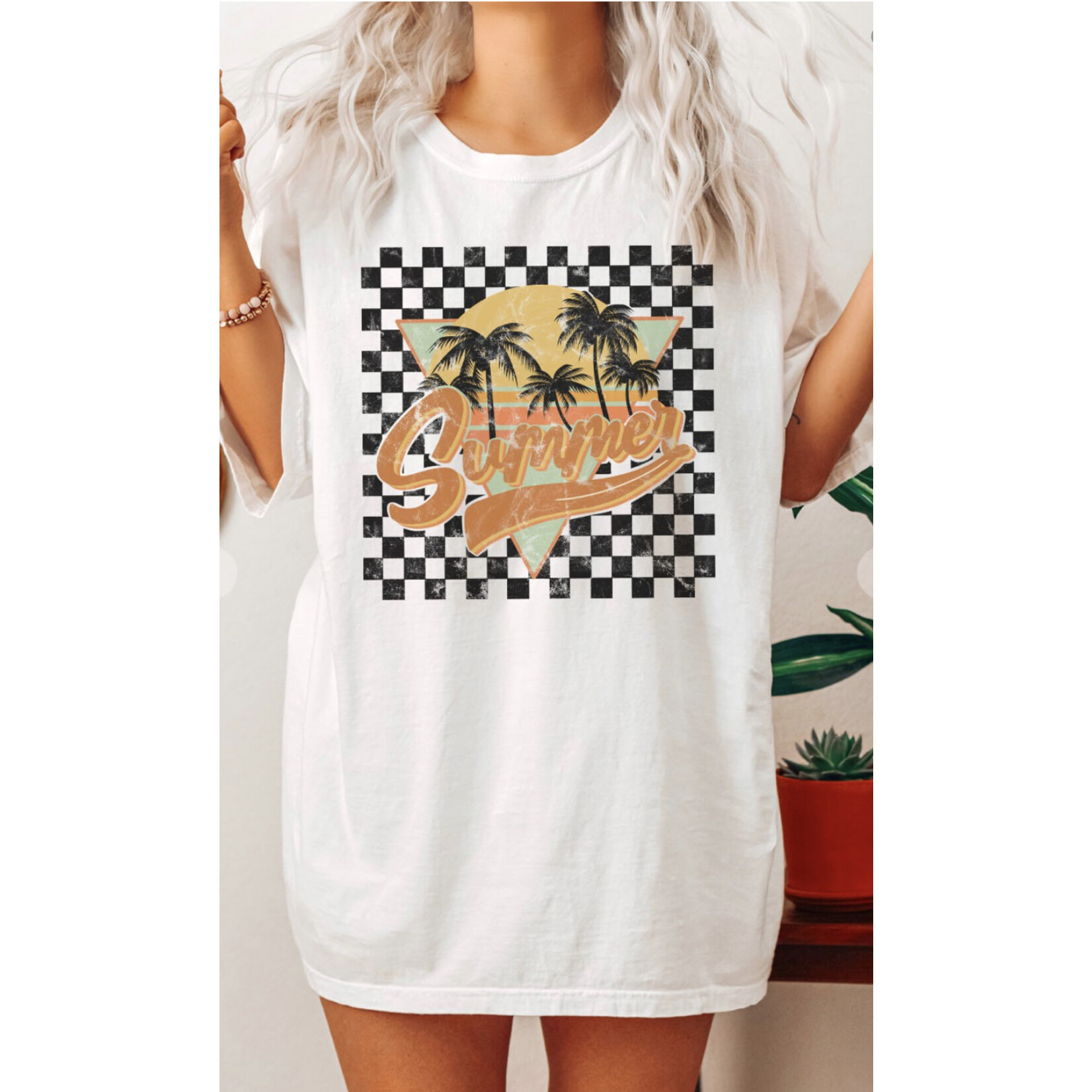 Kissed Apparel Kissed Apparel Retro Checkered Summer Oversized Graphic Tee