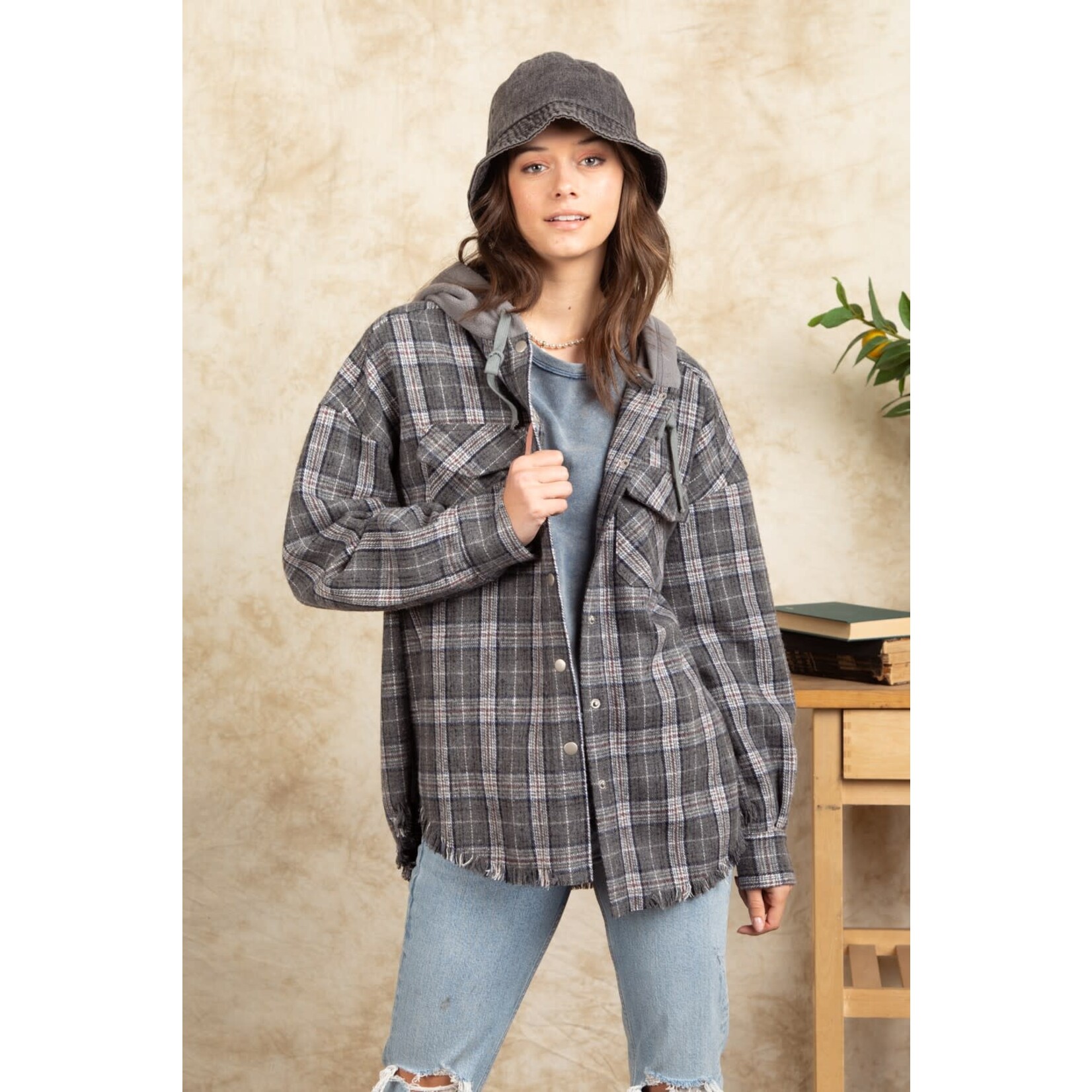 New In New In Frayed Hem Hooded Oversized Plaid Jacket Charcoal