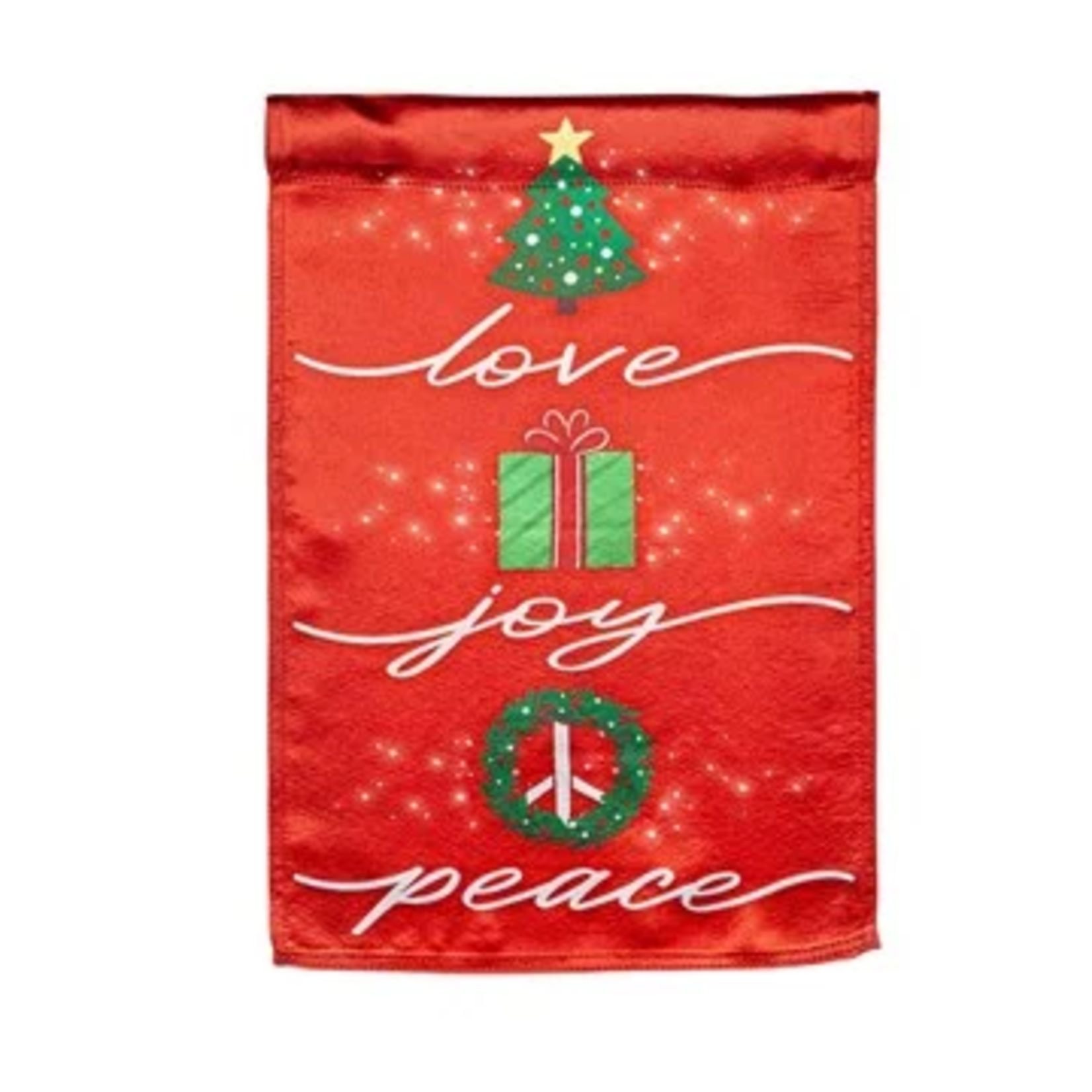 Evergreen Love, Joy, Peace Lustre Garden Flag